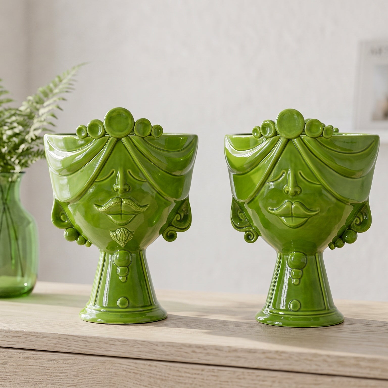 Tête de Maure Zahira H 30 cm – Femme, Vert Feuille – Testa di Moro de Caltagirone, Sicile