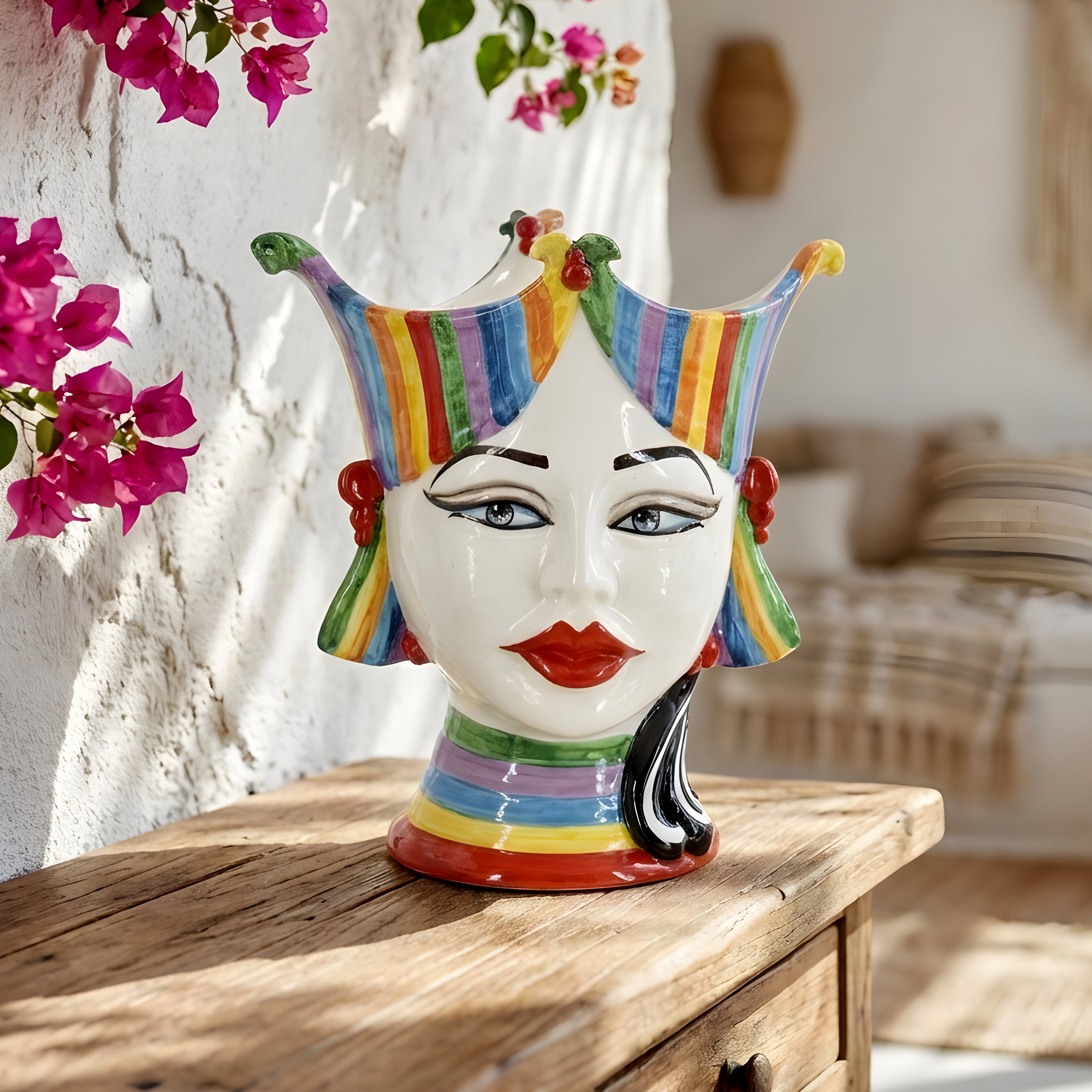 Testa di Moro "Aisha" 25 cm White and Color - Viso di Donna in Ceramica Siciliana