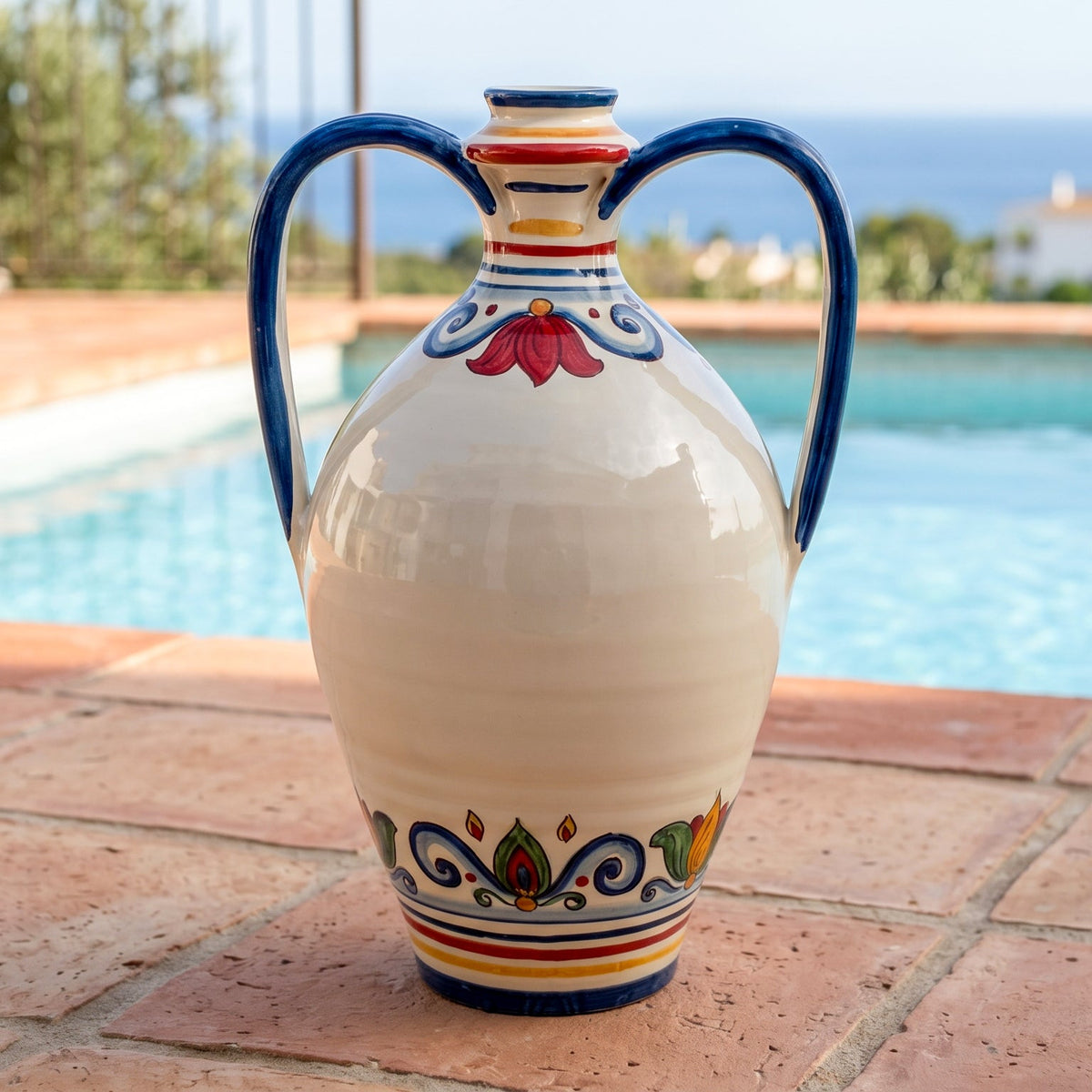 Cantimplora Ornamental con Asas H 35 cm / 13¾" en Cerámica de Caltagirone — Decoro Sicily