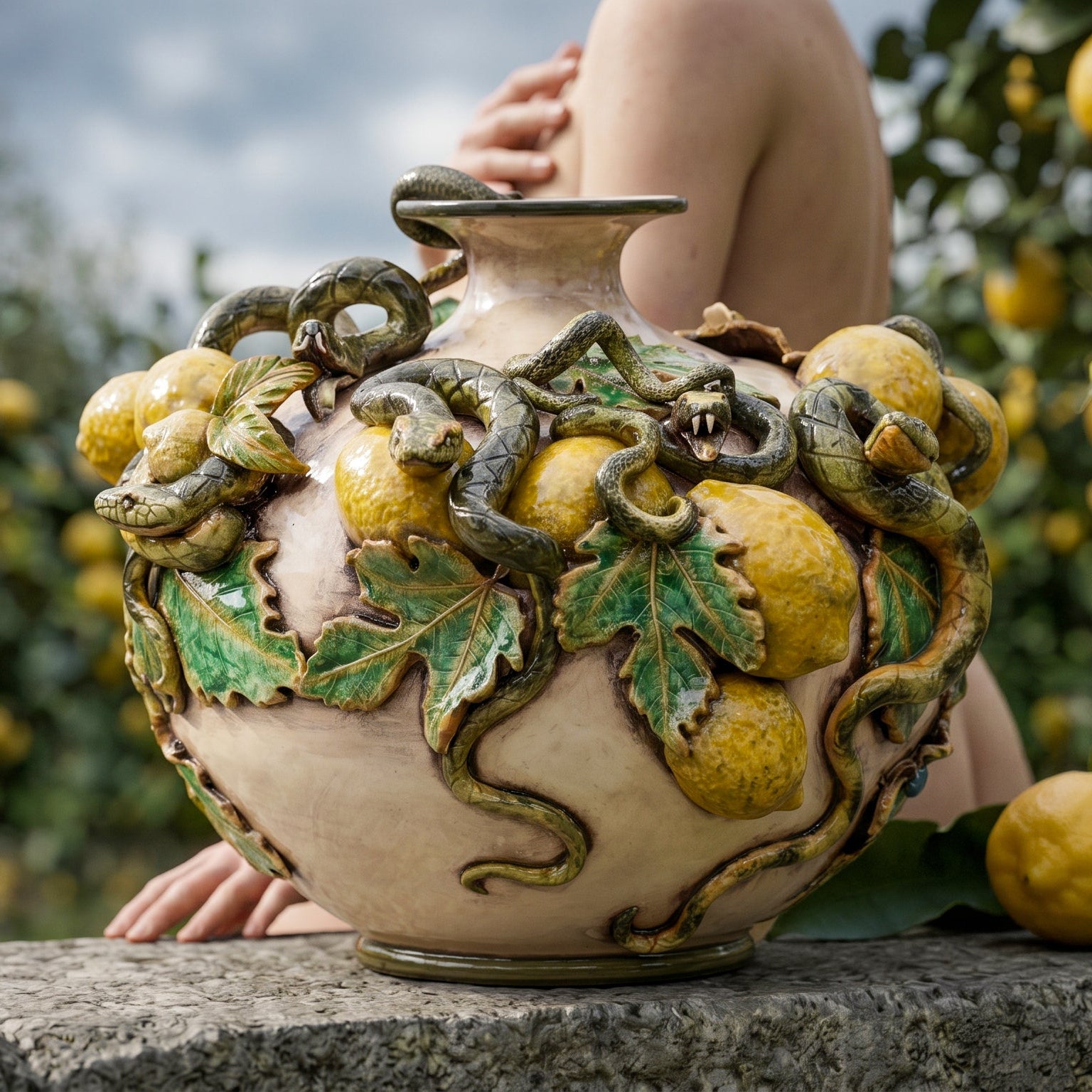 Caltagirone-Keramik Kugelvase mit Aufgesetzten Zitronen — Giardini-dell'Eden-Linie, Perlmutt