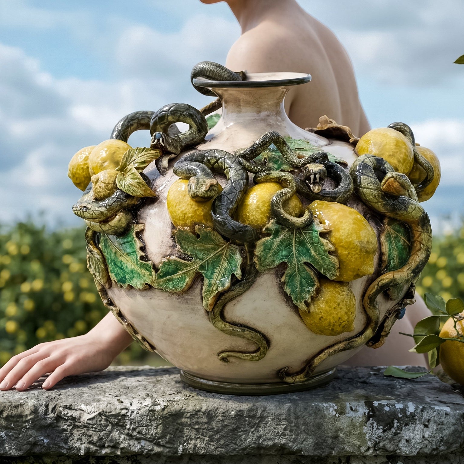 Caltagirone-Keramik Kugelvase mit Aufgesetzten Zitronen — Giardini-dell'Eden-Linie, Perlmutt