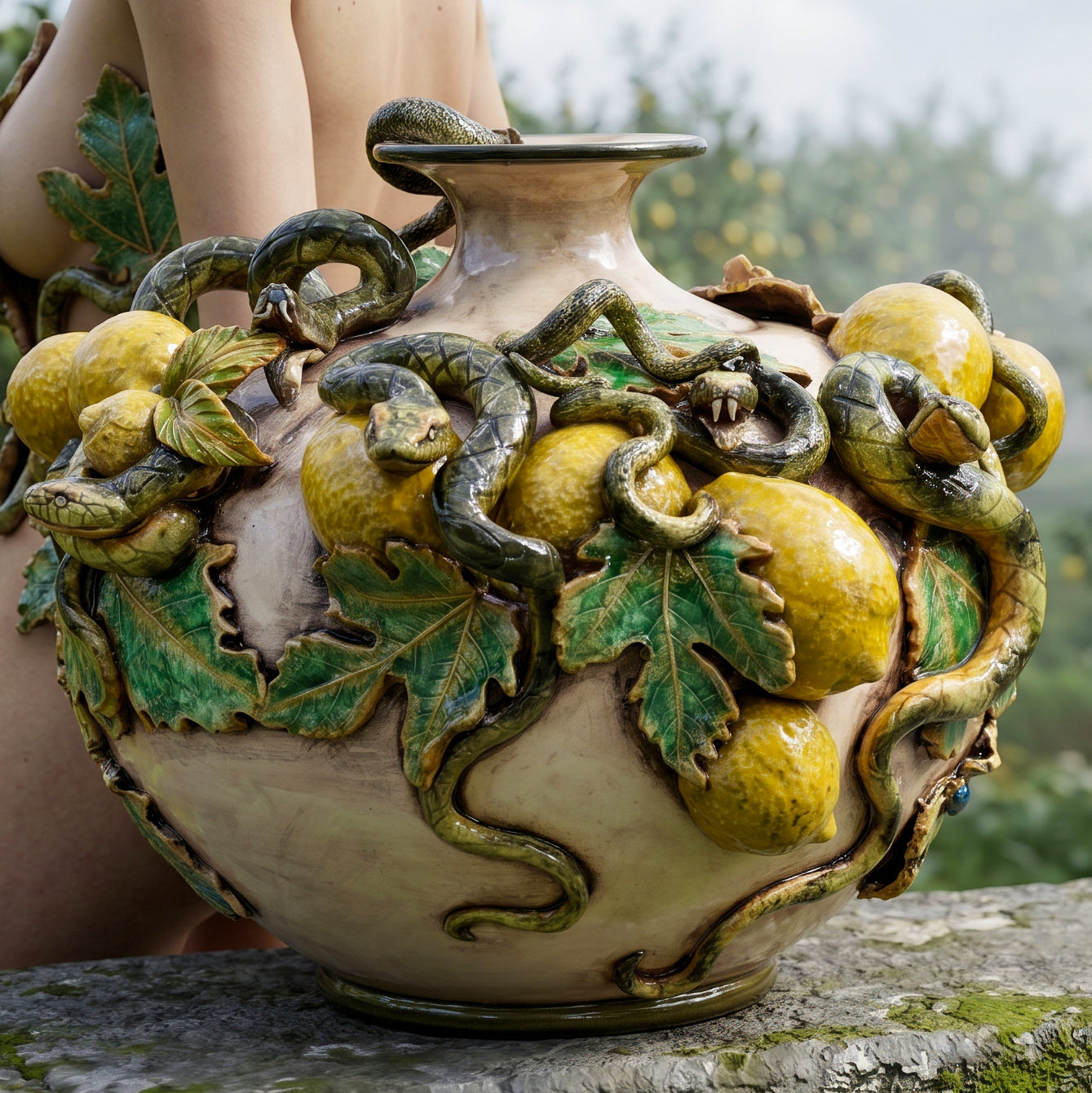 Caltagirone-Keramik Kugelvase mit Aufgesetzten Zitronen — Giardini-dell'Eden-Linie, Perlmutt