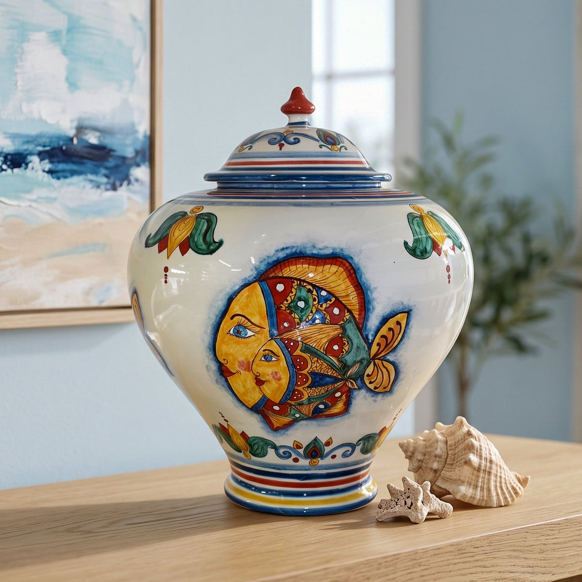 Potiche en Céramique Italienne H 25/35 cm, Décor Poissons – Majolique sicilienne de Caltagirone