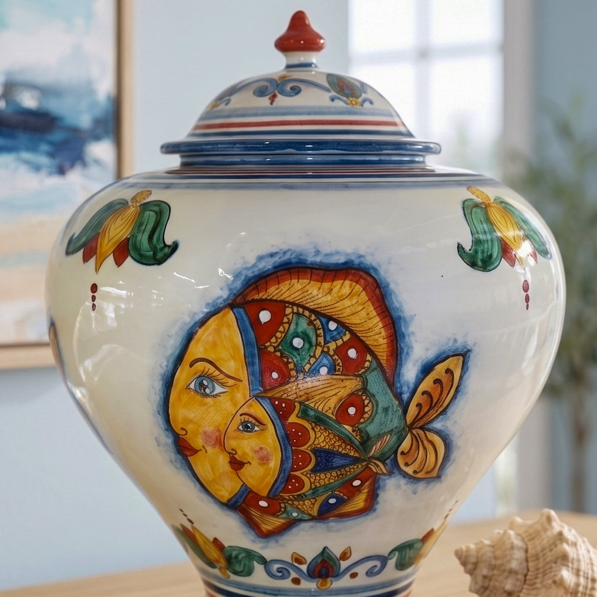Potiche-Vase Keramik H 25/35 cm, Fisch-Dekor – Italienische Keramik aus Caltagirone, Sizilien