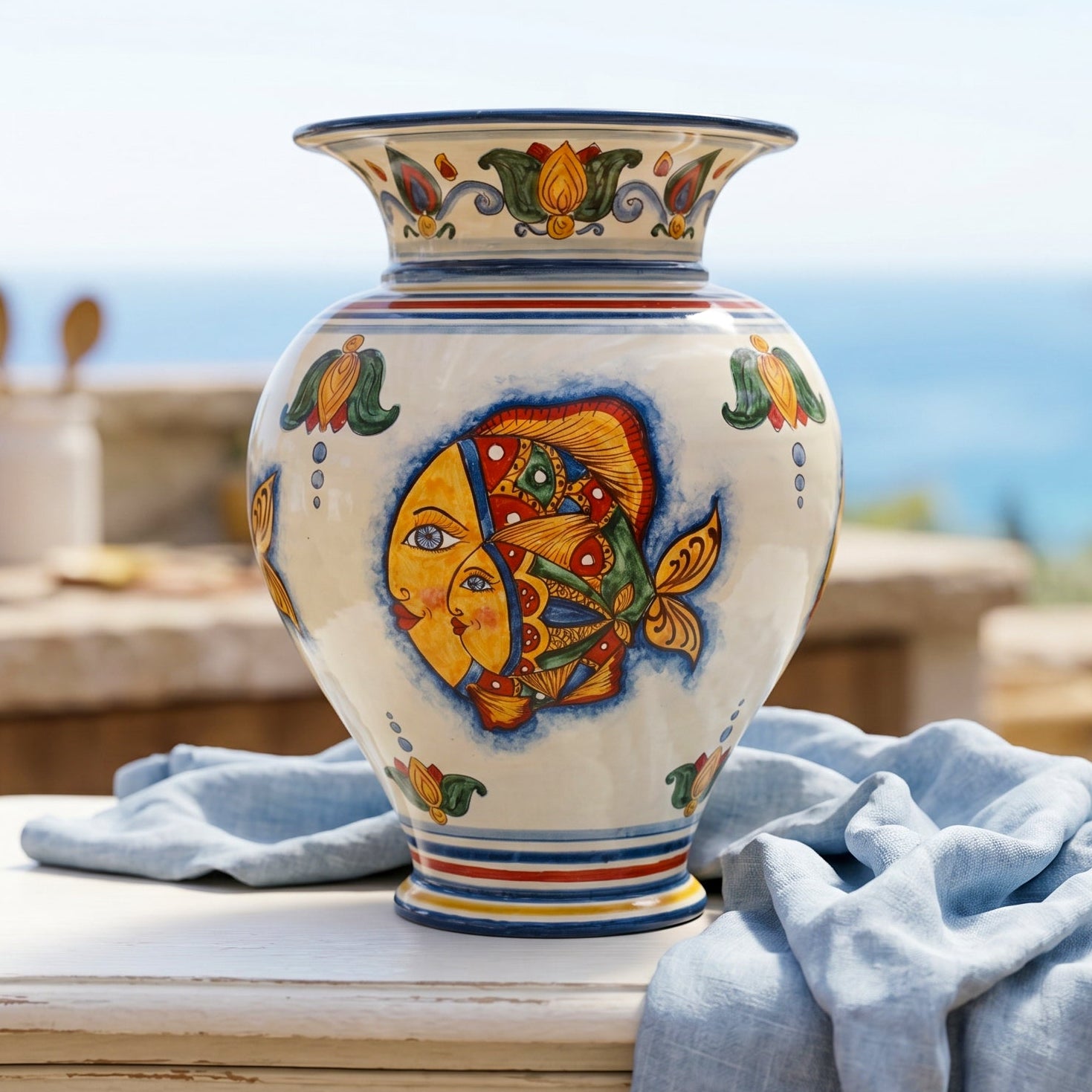 Vase Sicilien en Céramique H 30 cm – Décor Poissons | Majolique sicilienne de Caltagirone
