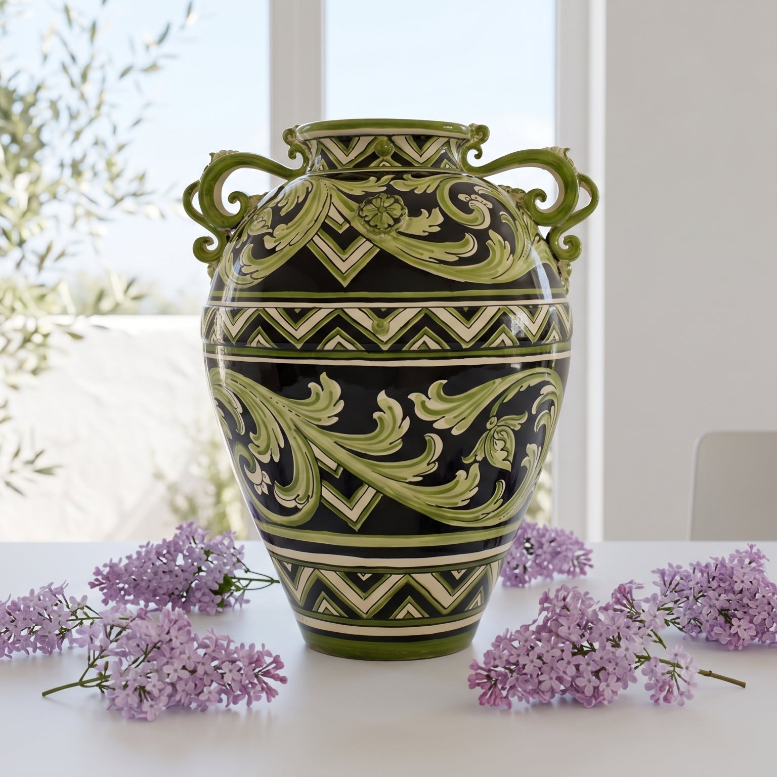 Jarrón de Cerámica de Caltagirone H 50 cm — Línea Parigi Negro y Verde