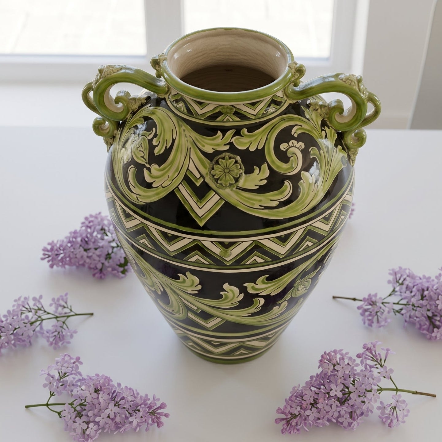 Jarrón de Cerámica de Caltagirone H 50 cm — Línea Parigi Negro y Verde