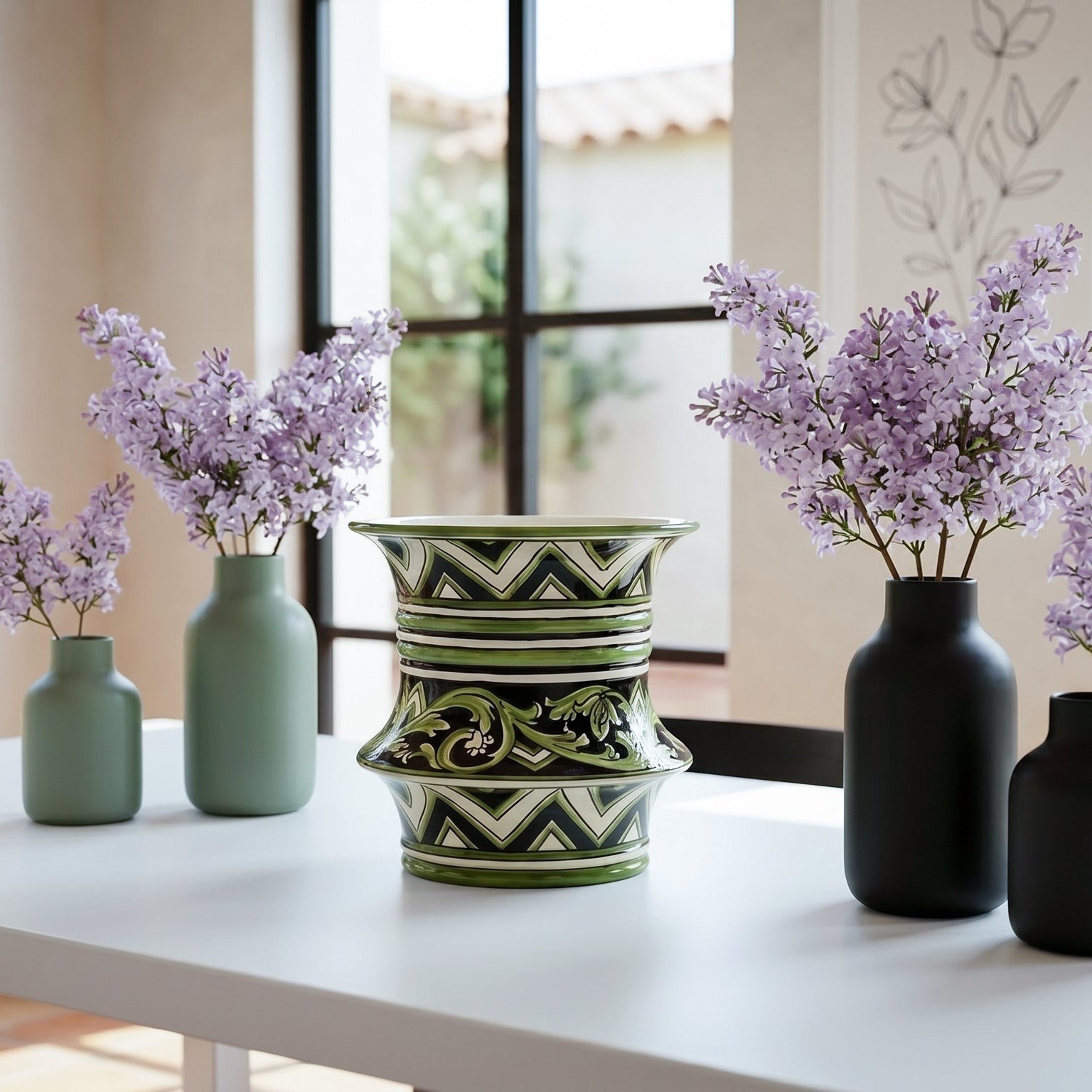 Caltagirone-Keramik Tafelaufsatz-Vase H 25 cm Ø 23 cm — Parigi-Linie Schwarz und Grün