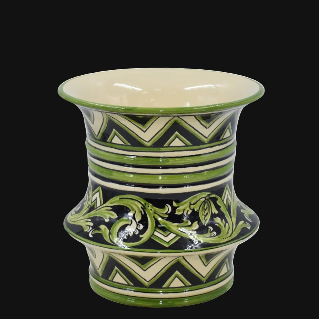 Jarrón Centro de Mesa de Cerámica de Caltagirone H 25 cm Ø 23 cm — Línea Parigi Negro y Verde