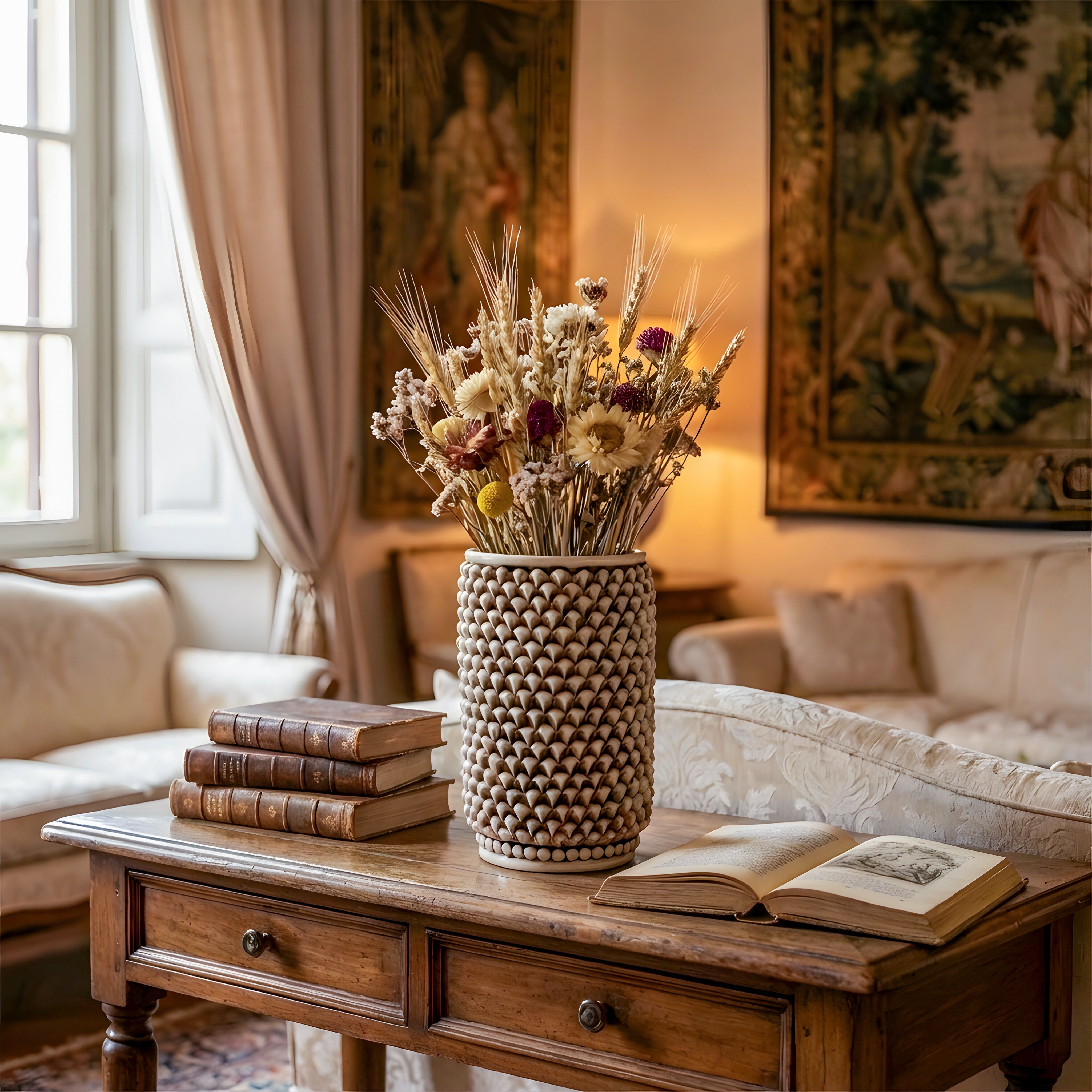 Hand-molded cylindrical pine cone vase in mother-of-pearl finish