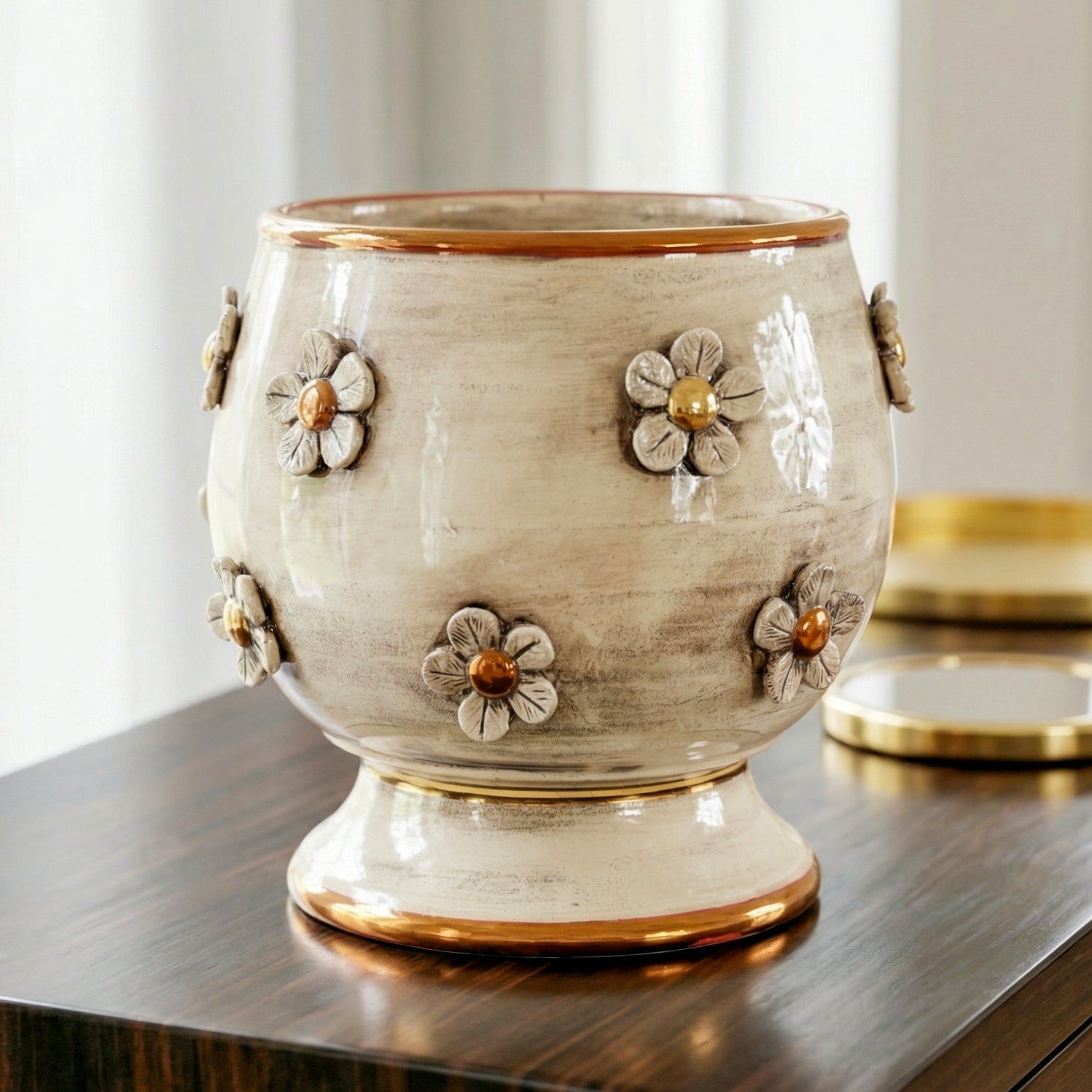 Italienische Keramikvase, Antikes Perlmutt Gold – Italienische Keramik aus Caltagirone, Sizilien