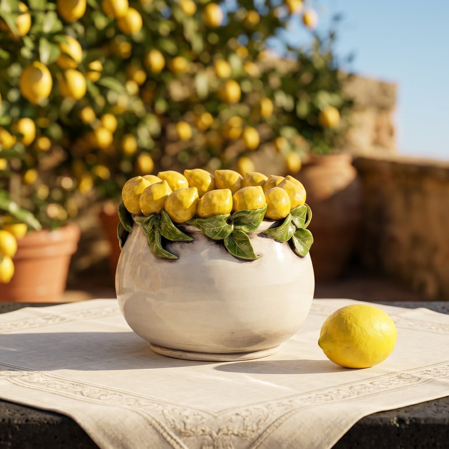 Italienische Keramikvase H 16 cm, Perlmutt – Caltagirone Keramik – sizilianisches Kunsthandwerk