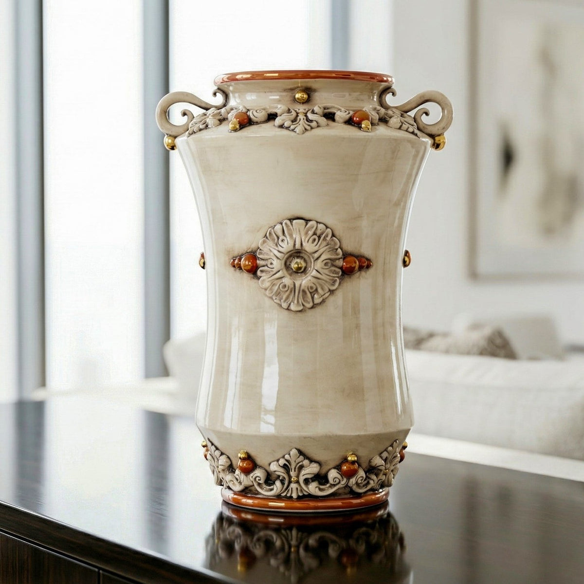 Albarello à Anses H 35 cm, Plastico Sofia, Nacre Antiquée, Or et Lustres – Céramique italienne de Caltagirone, Sicile