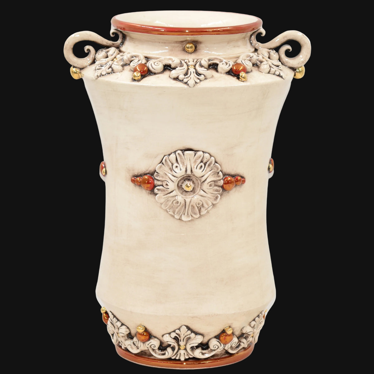 Jarrón Albarello con Asas H 35 cm, Plastico Sofia, Nácar Envejecido, Oro y Lustres – Cerámica italiana de Caltagirone, Sicilia