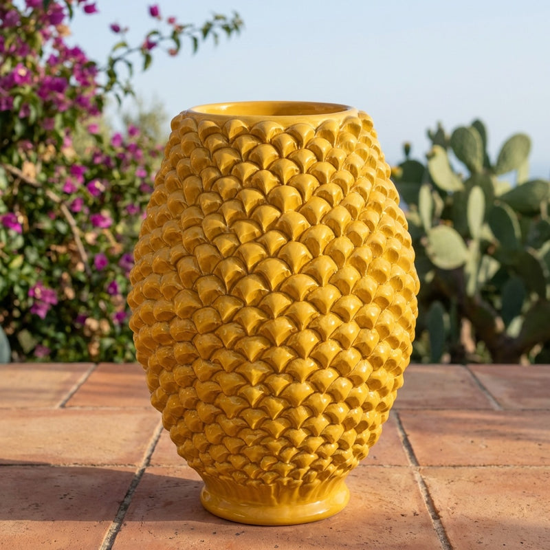 Caltagirone Ceramic Pine Cone Vase — Mustard