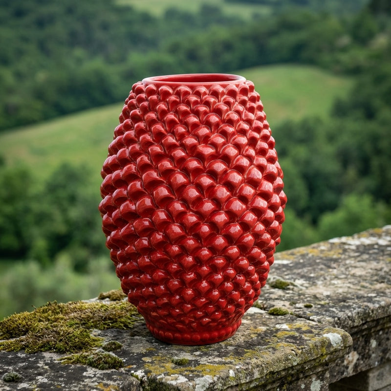 Caltagirone Ceramic Barrel Pine Cone Vase — Fire Red