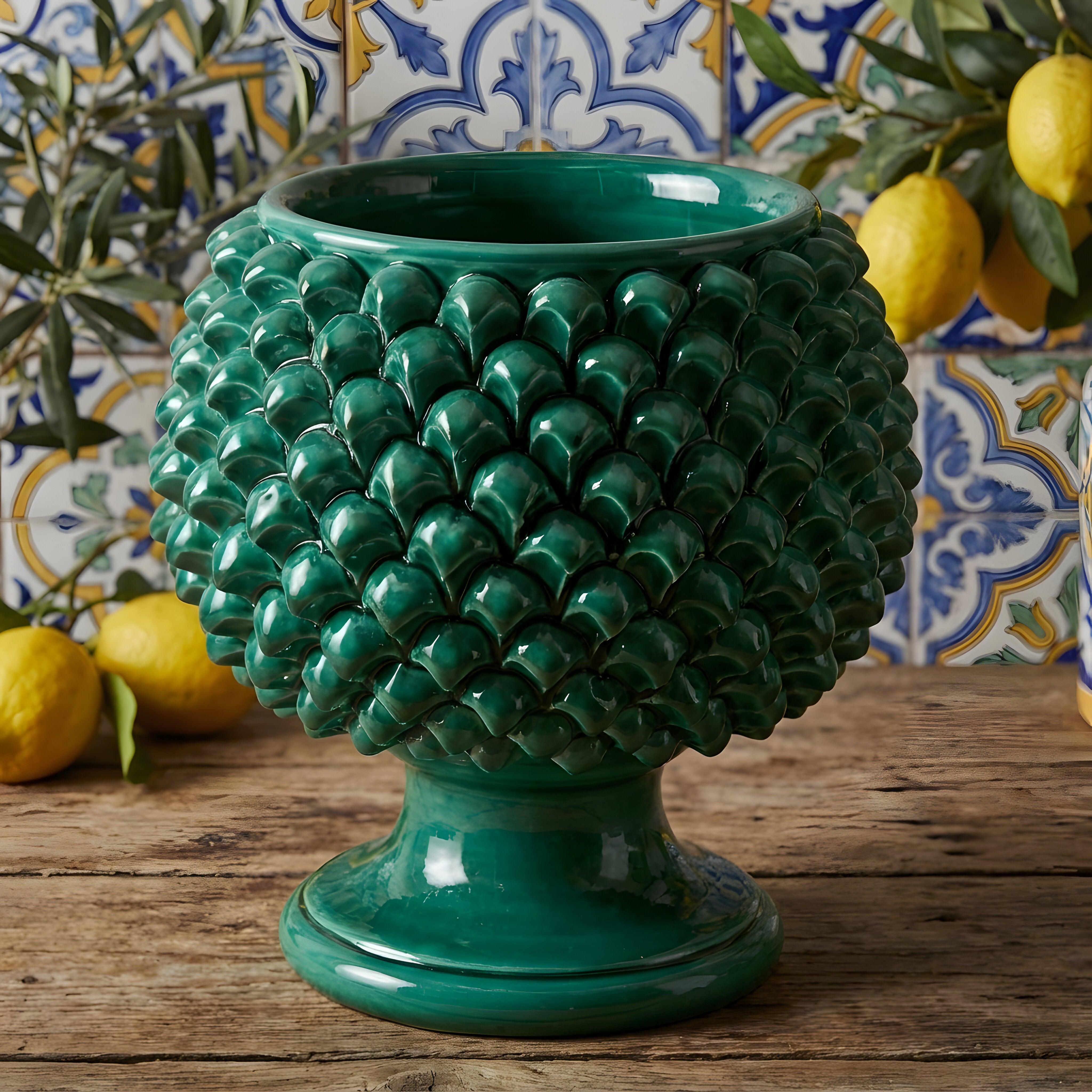 Vaso mezza pigna verde smeraldo in ceramica di Caltagirone
