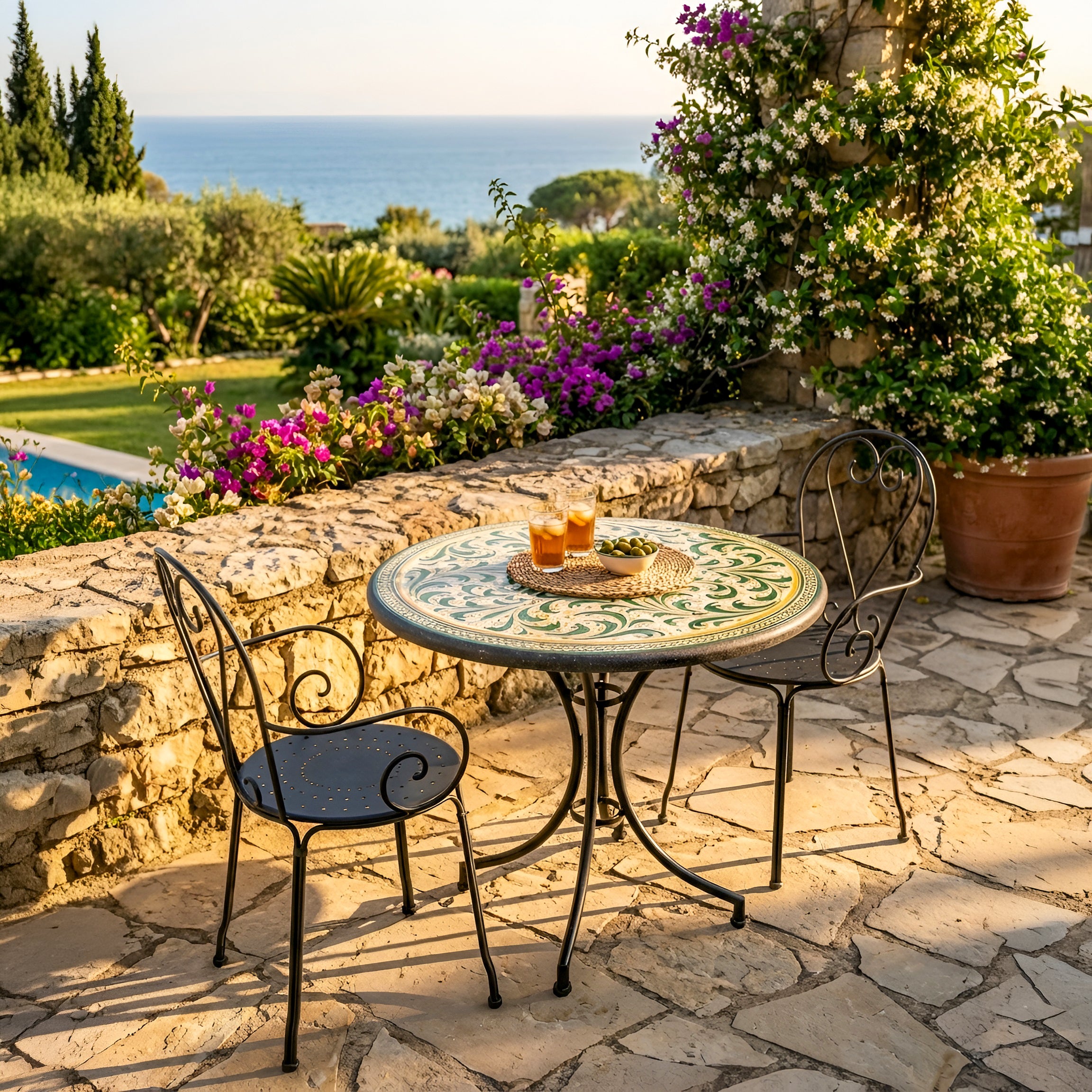 Lava stone table with green and orange decoration