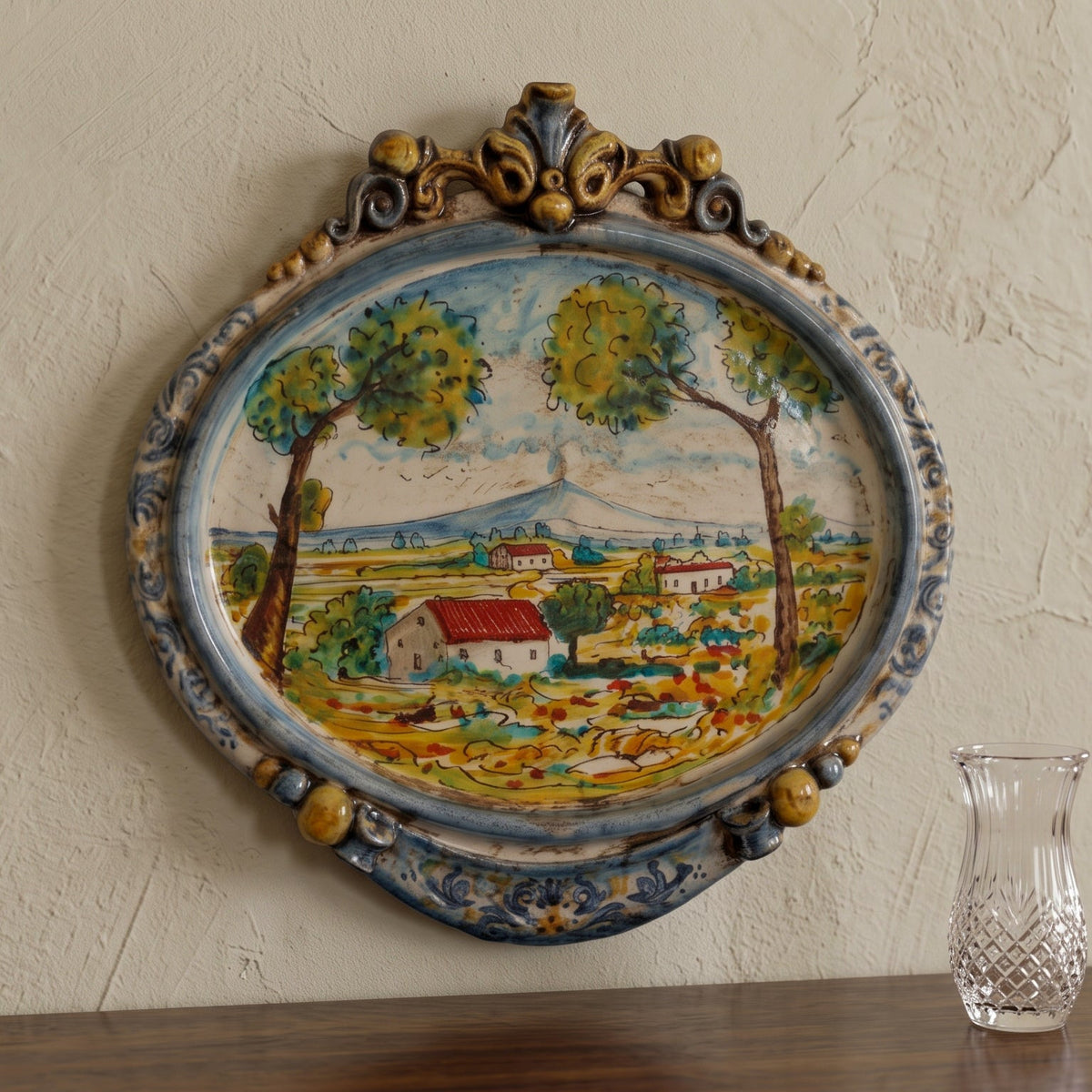 Tableau Ovale en Céramique 23×25 cm, Paysage Sicilien, Bleu et Orange – Céramique Caltagirone – artisanat sicilien