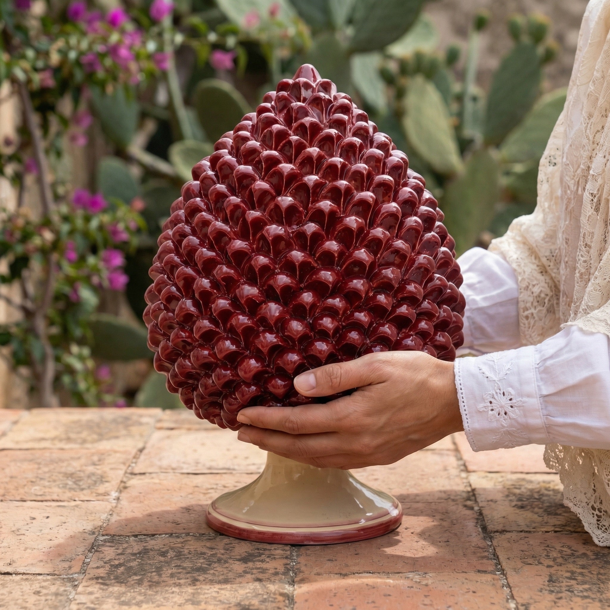 Sicilian Pine Cone H 15/40 cm / 6-16", Mono Bordeaux – Caltagirone Ceramic – Sicilian Pine Cone Tradition