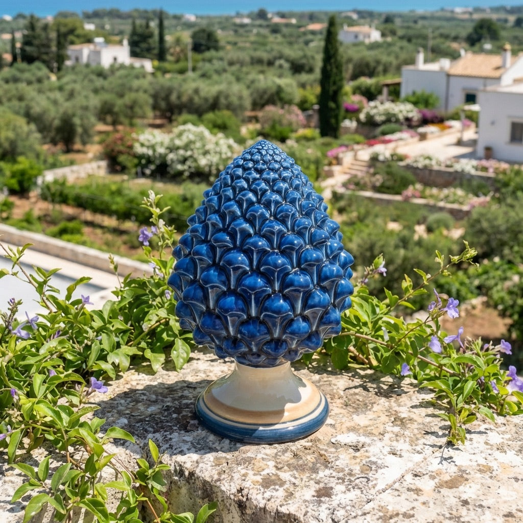 Caltagirone handmade pinecone modeled by hand height 15/35 Blue and orange