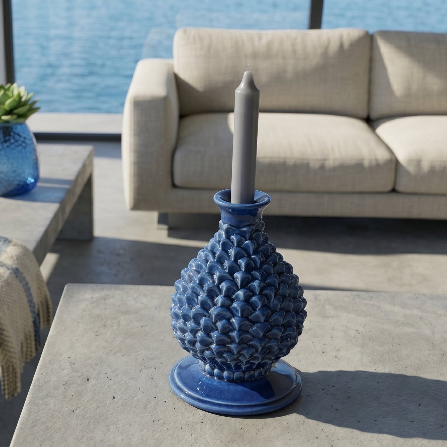 Pomme de Pin Sicilienne en Ceramique H 18 cm - Bleu Intenso | Bomboniera | Tradition sicilienne de Caltagirone