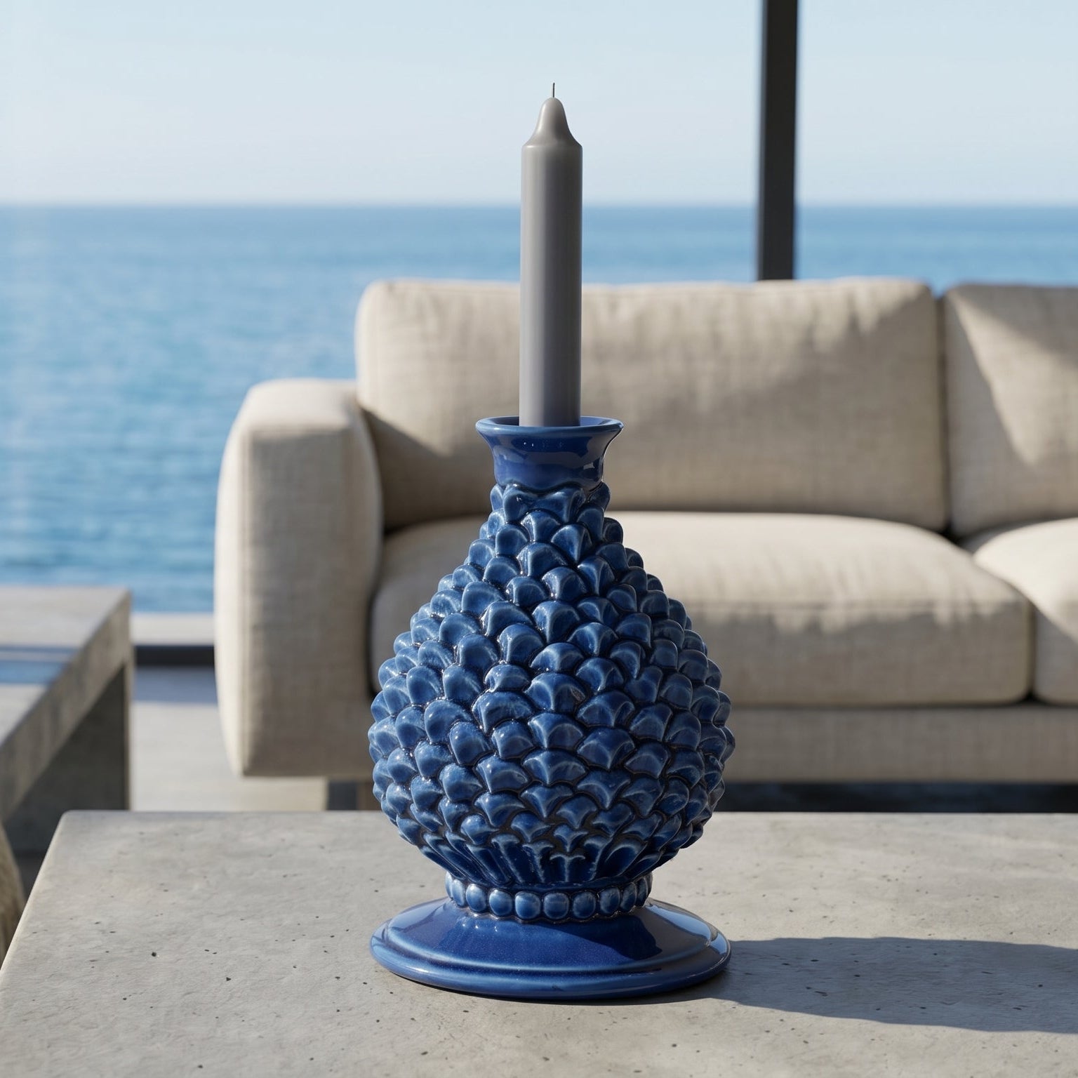 Sicilian Pine Cone Candle Holder H 18 cm / 7.1", Deep Blue – Sicilian tradition from Caltagirone
