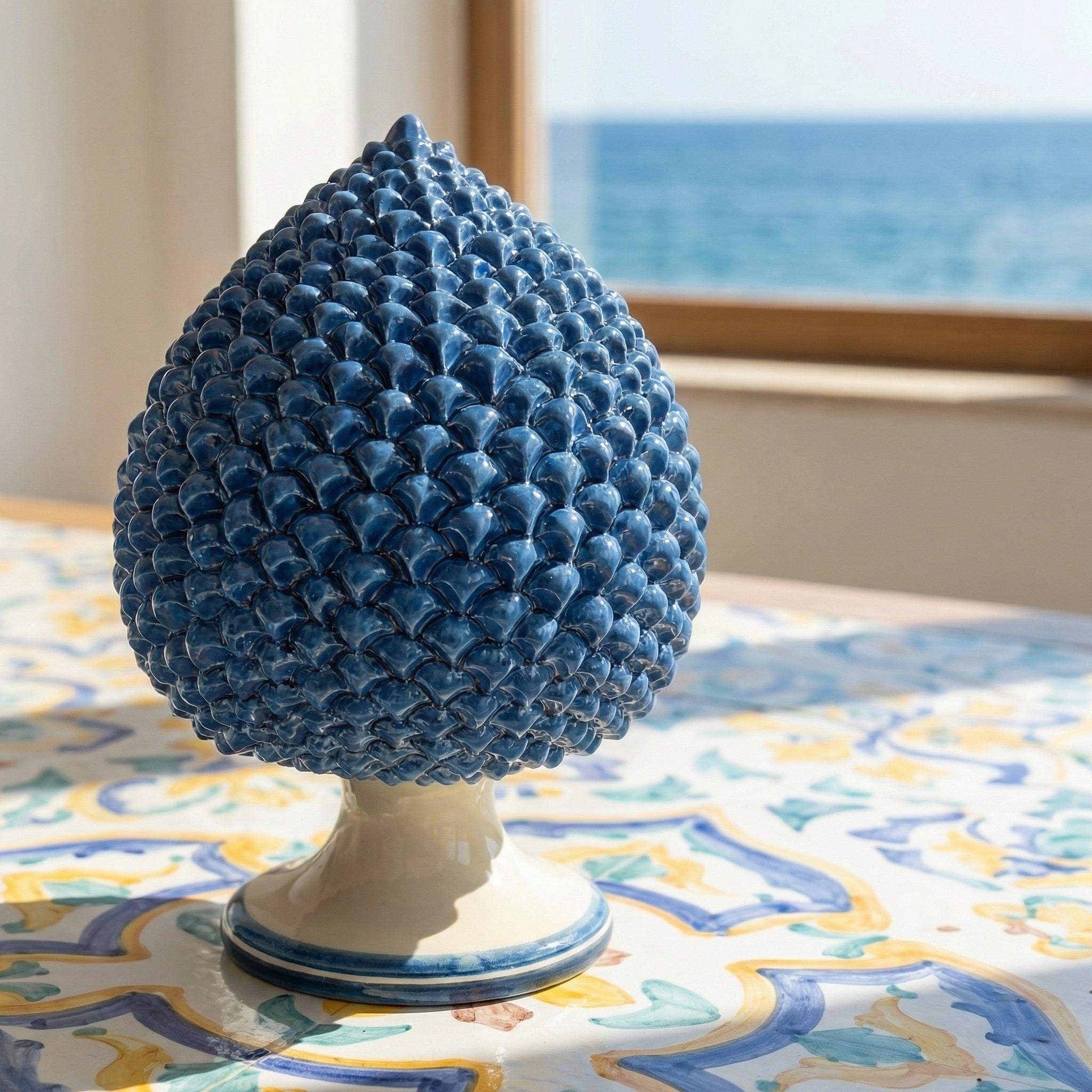 Caltagirone handmade pinecone modeled by hand height 25/40 monochrome of blue