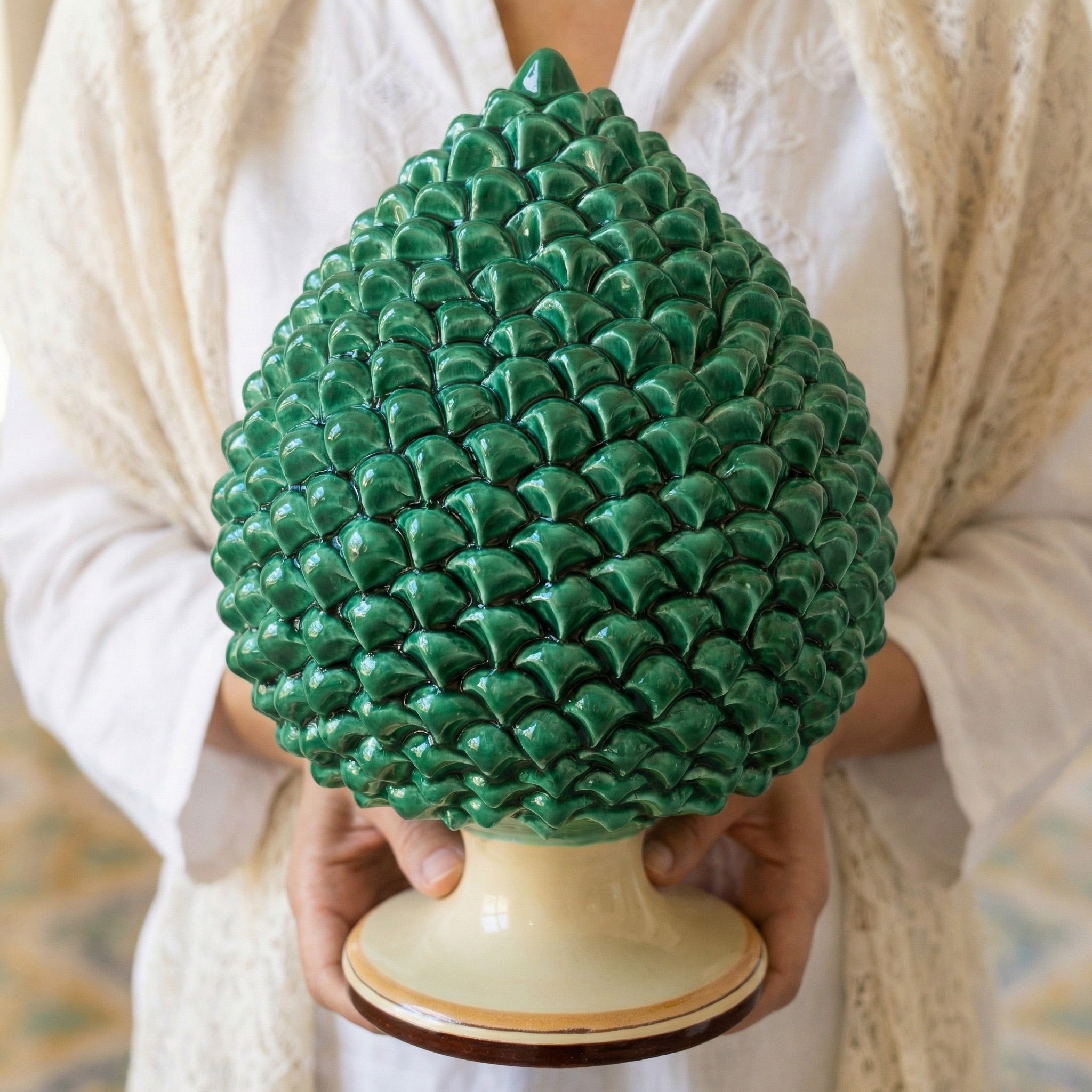 Caltagirone handmade pinecone modeled by hand height 25/40 green/orange
