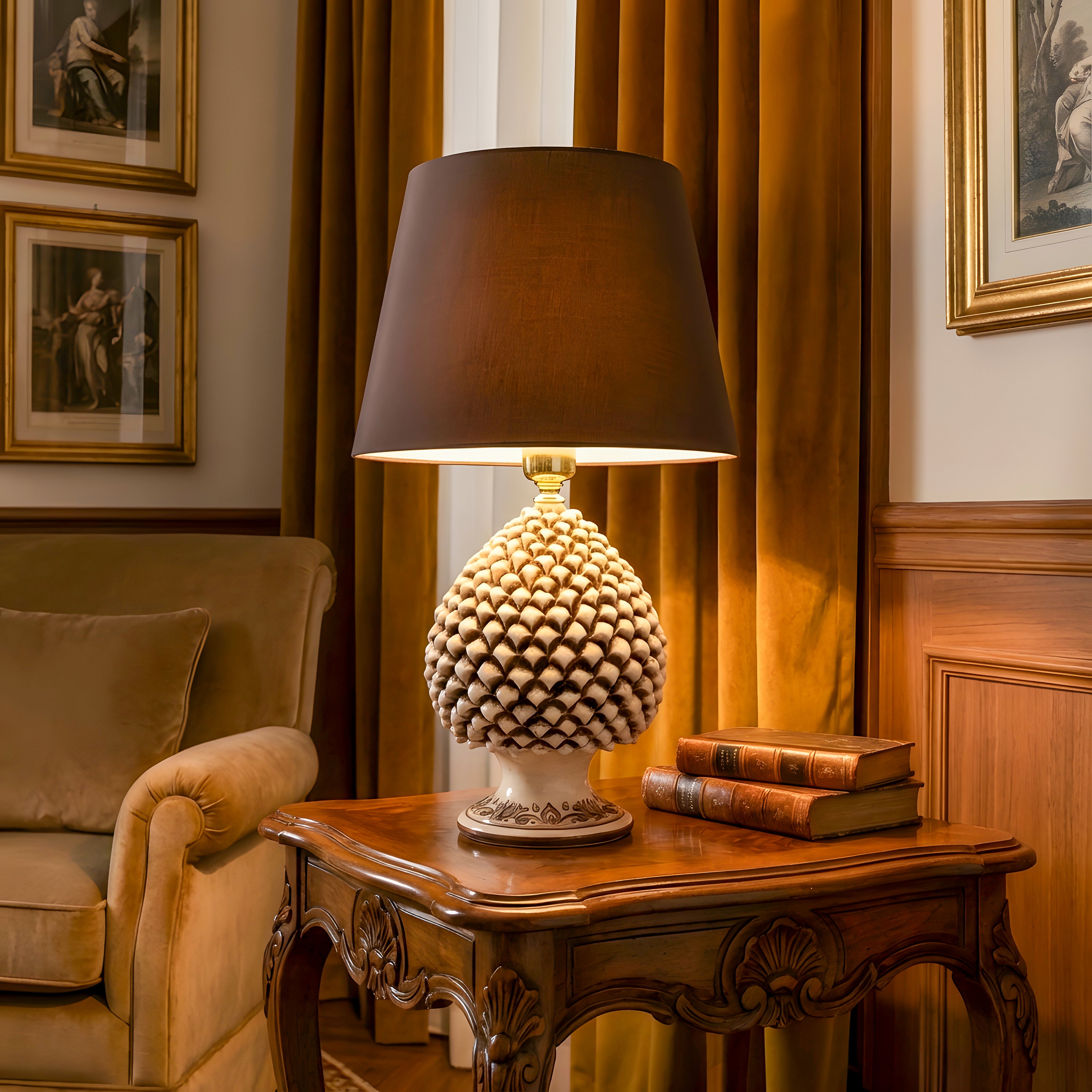 Handcrafted pine cone lamp with antique mother-of-pearl finish