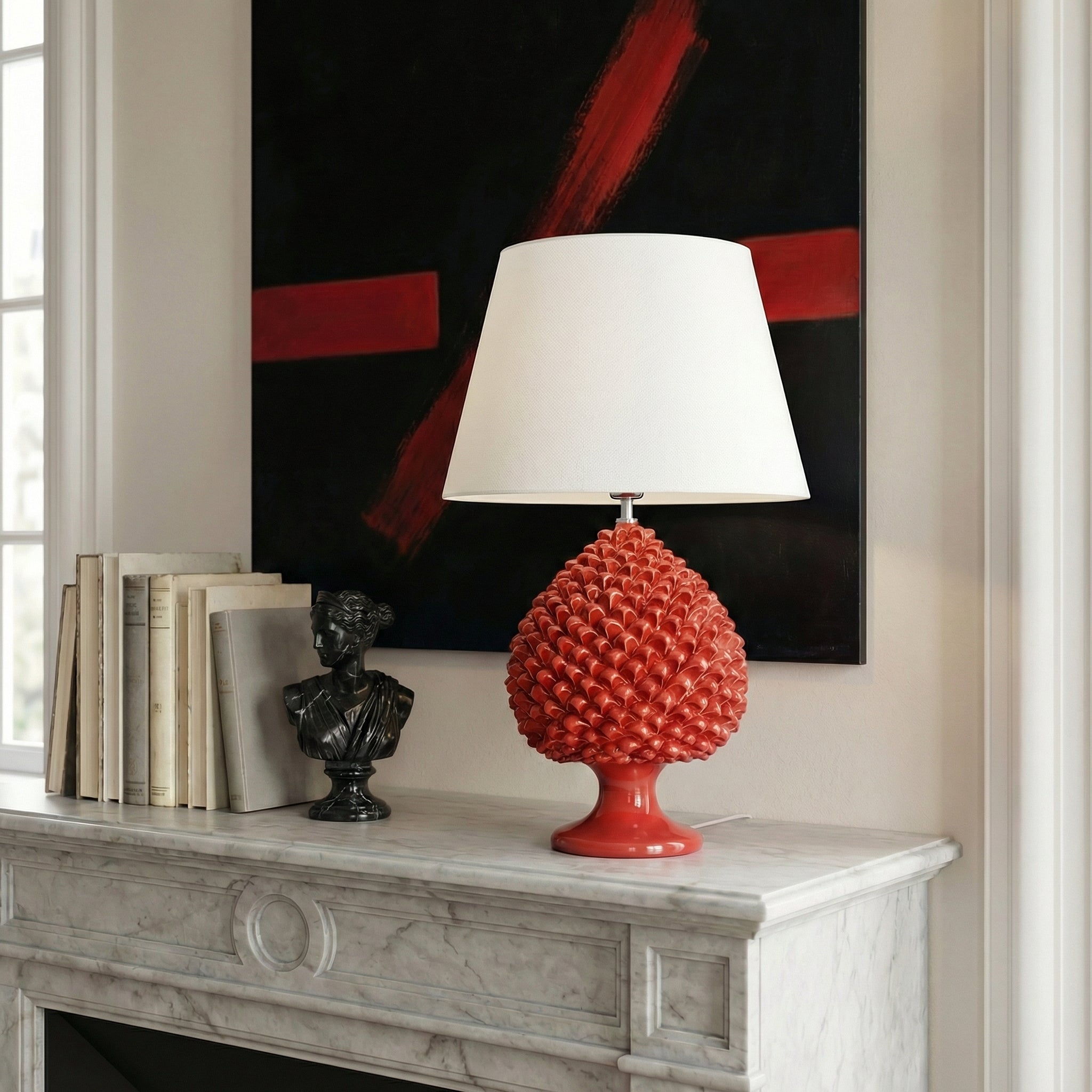 Handcrafted fiery red pine cone lamp