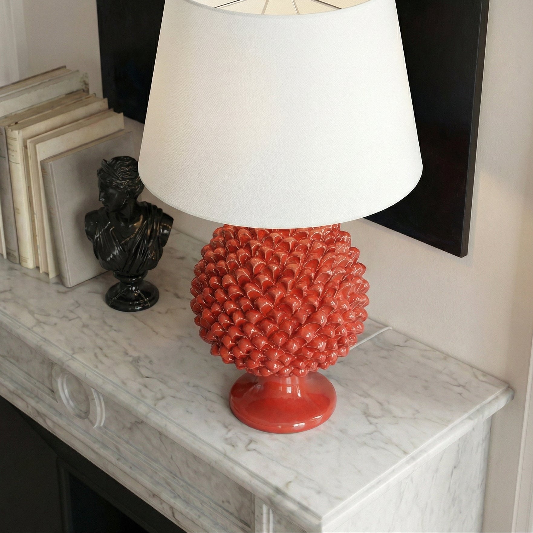 Sicilian Pine Cone Lamp, Fire Red – Caltagirone Ceramic – Italian ceramic lamp tradition