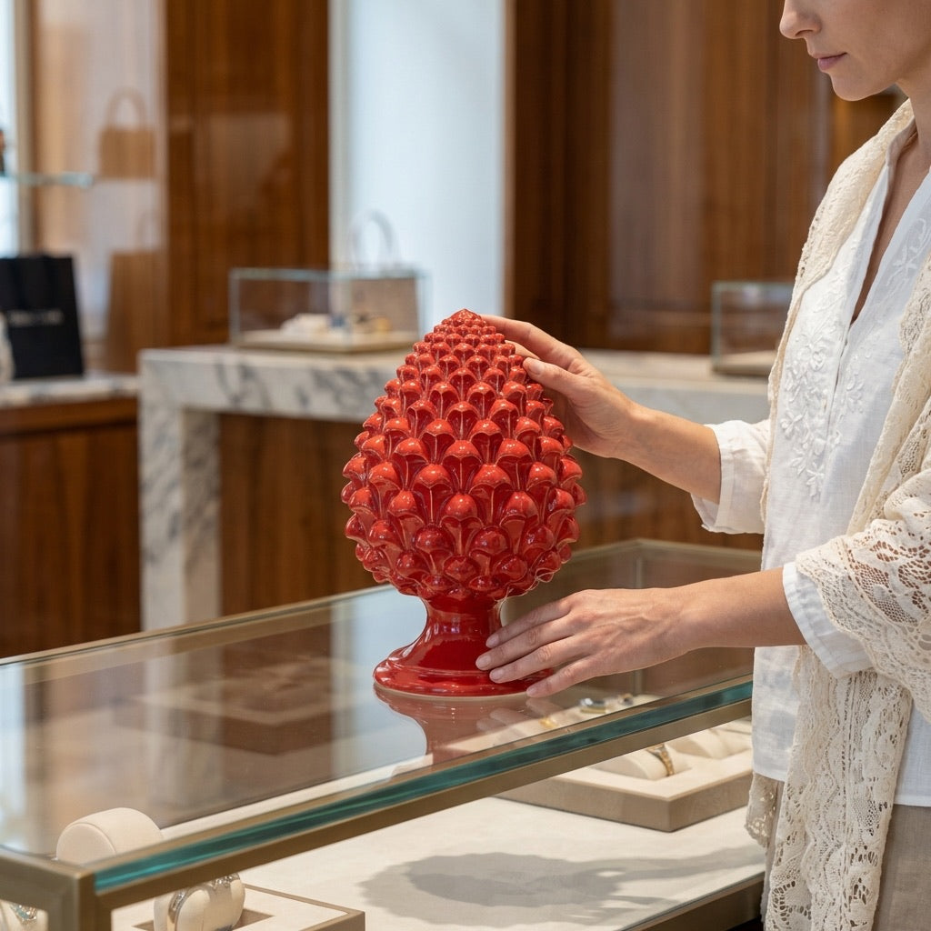 Caltagirone handmade pinecone modeled by hand height 15/35 Red Line