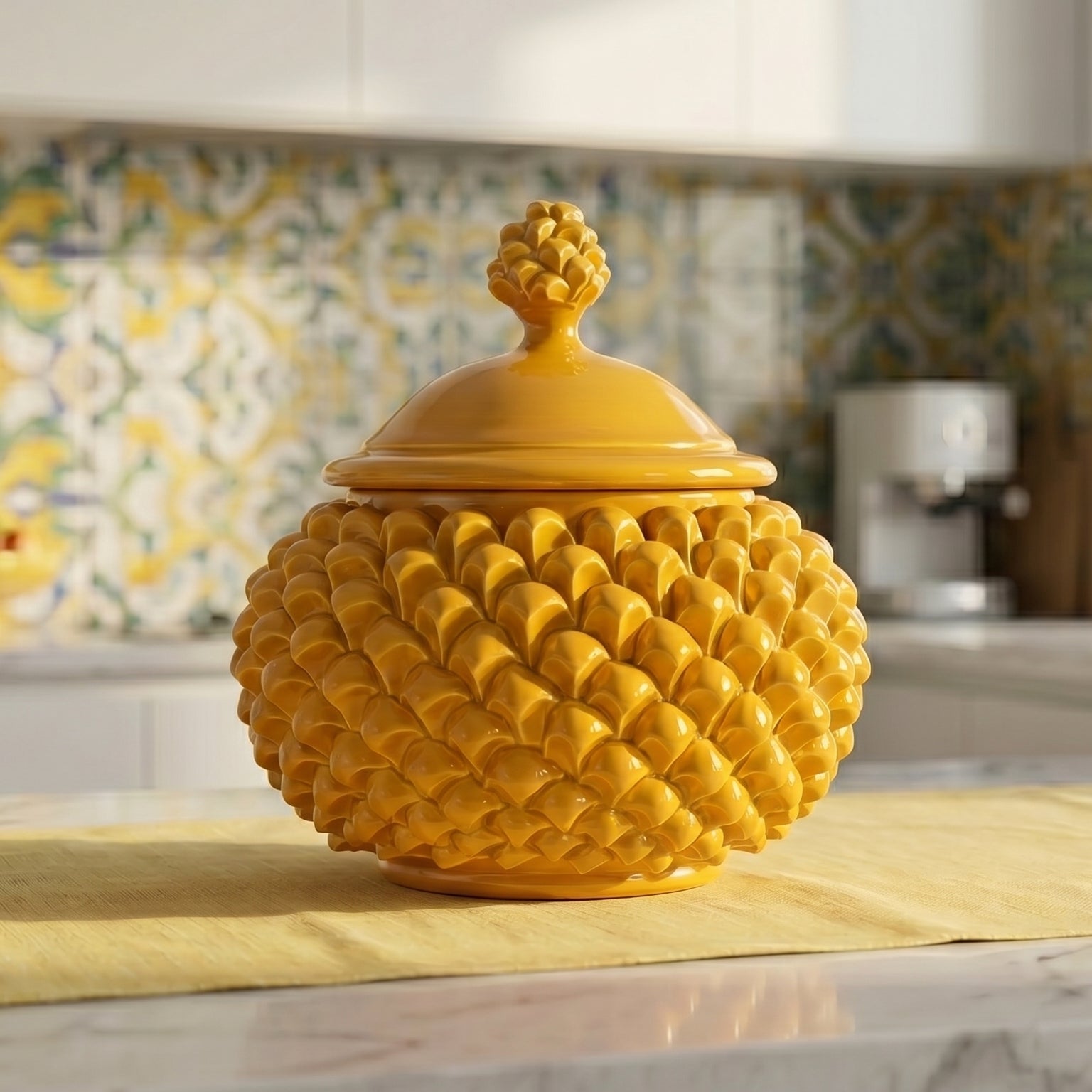Sicilian Pine Cone Cookie Jar Ø 20 cm / Ø 7.9", Mustard – Sicilian tradition from Caltagirone