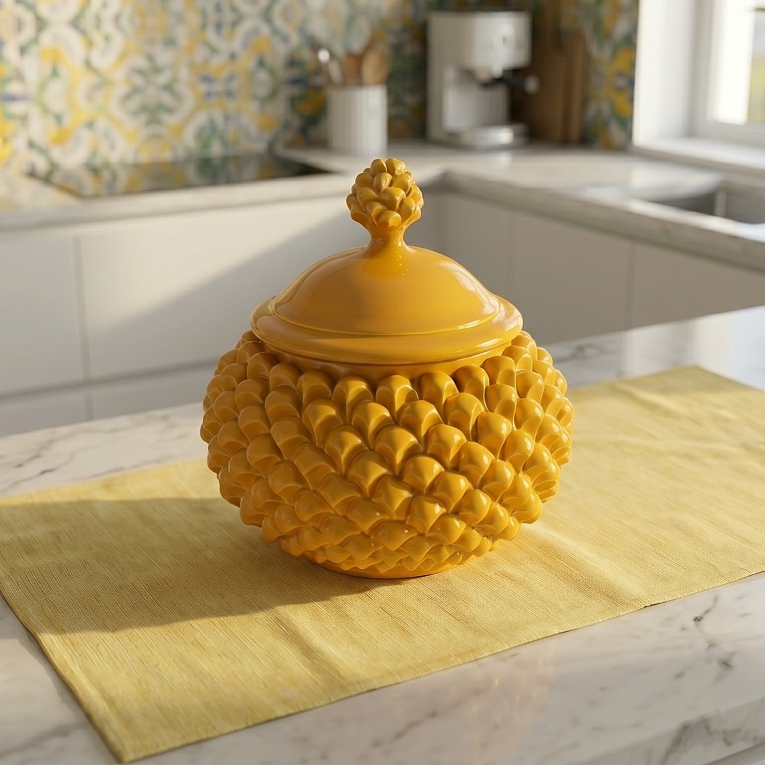 Sicilian Pine Cone Cookie Jar Ø 20 cm / Ø 7.9", Mustard – Sicilian tradition from Caltagirone