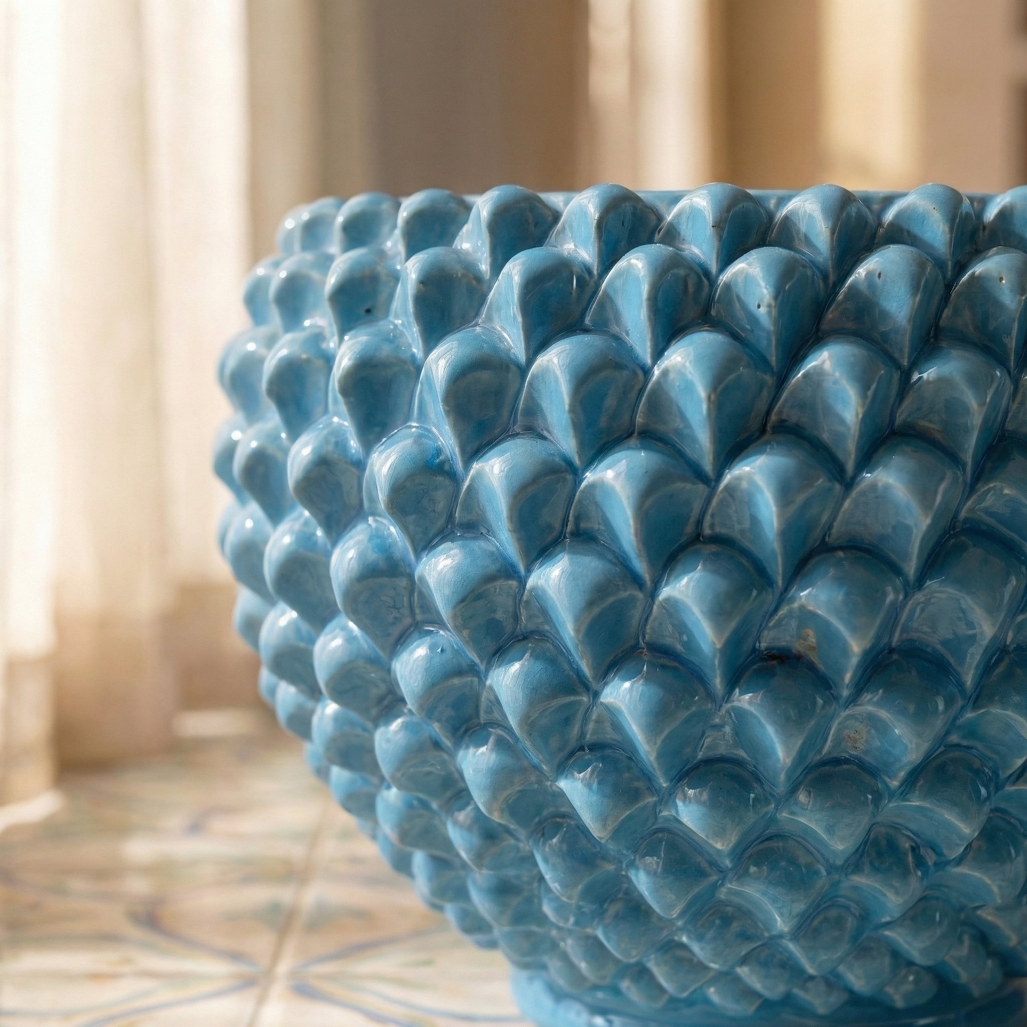 Handmade turquoise pine cone cachepot from Caltagirone
