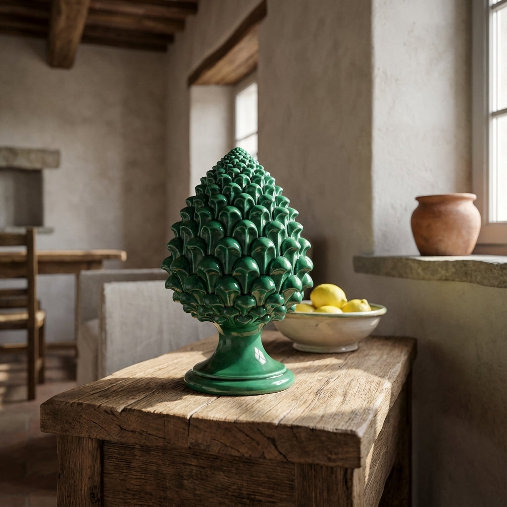 Caltagirone handmade pinecone modeled by hand height 15/35 Green