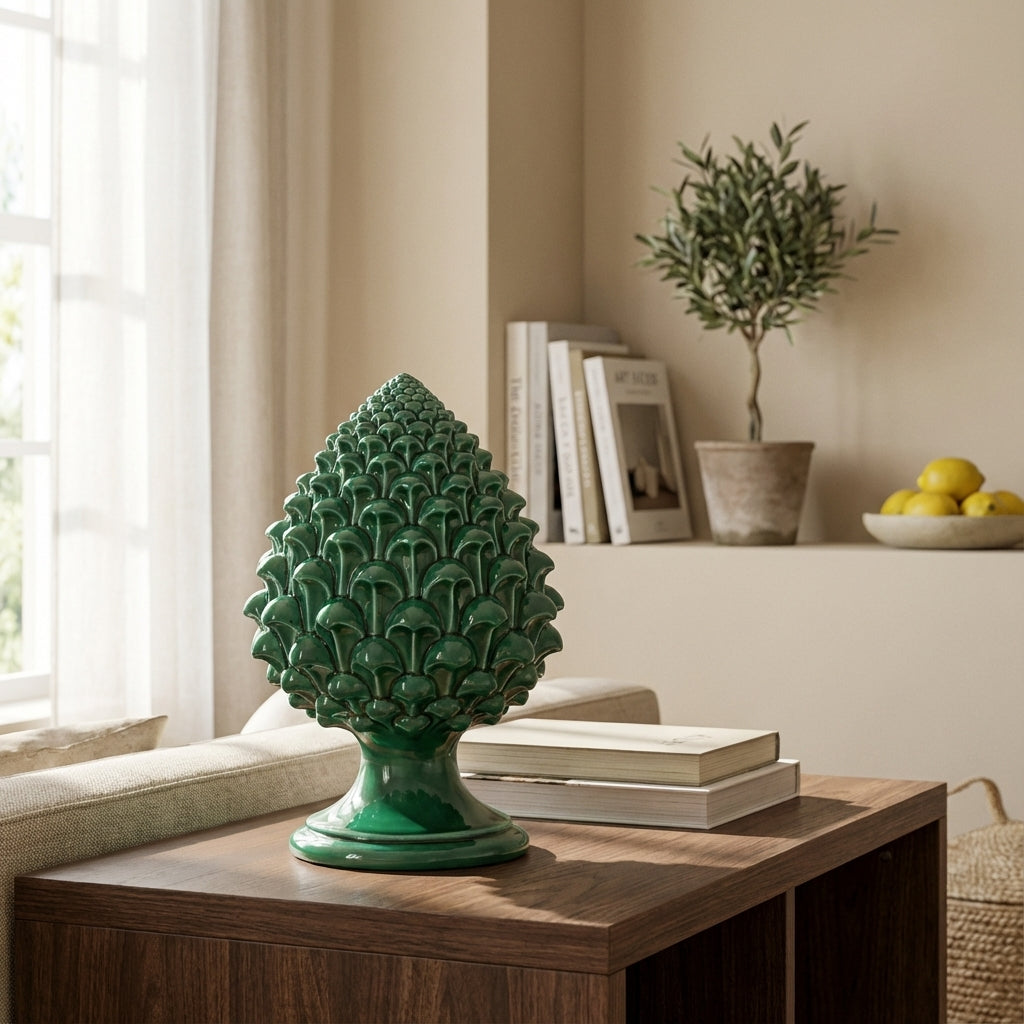 Caltagirone handmade pinecone modeled by hand height 15/35 Green