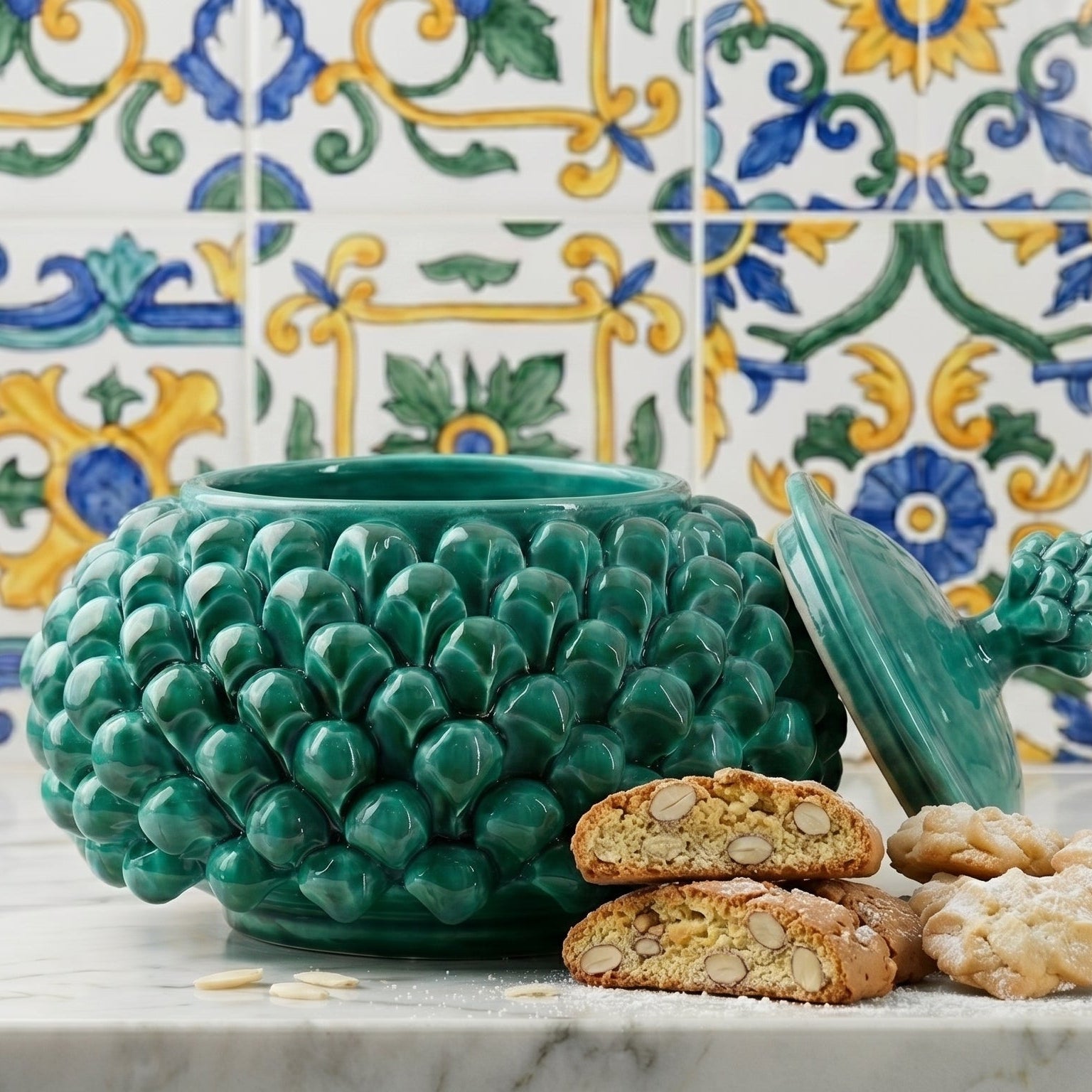 Sicilian Pine Cone Cookie Jar Ø 20 cm / Ø 7.9", Emerald Green – Sicilian tradition from Caltagirone