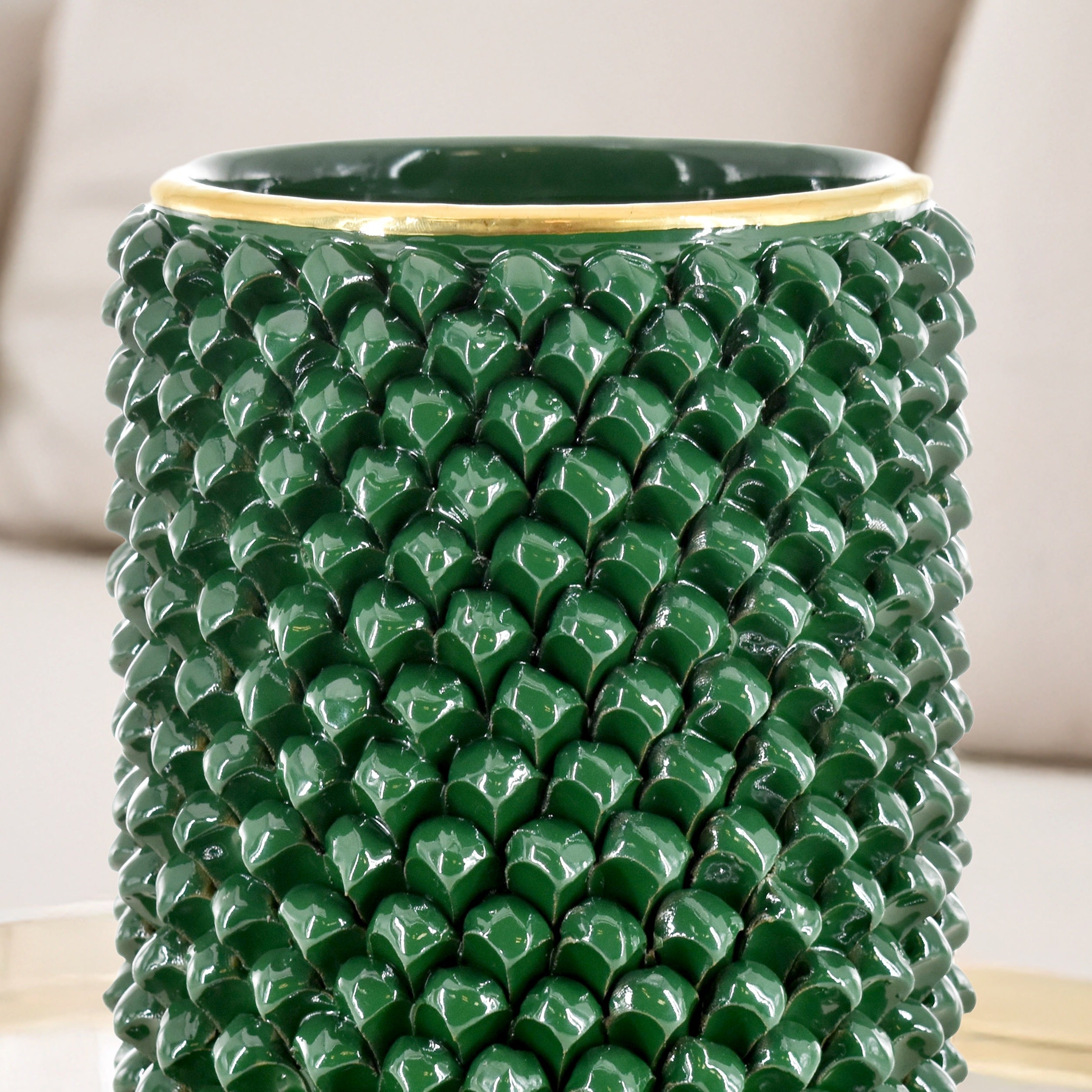 Hand-modeled pine cone cylinder vase in green and gold