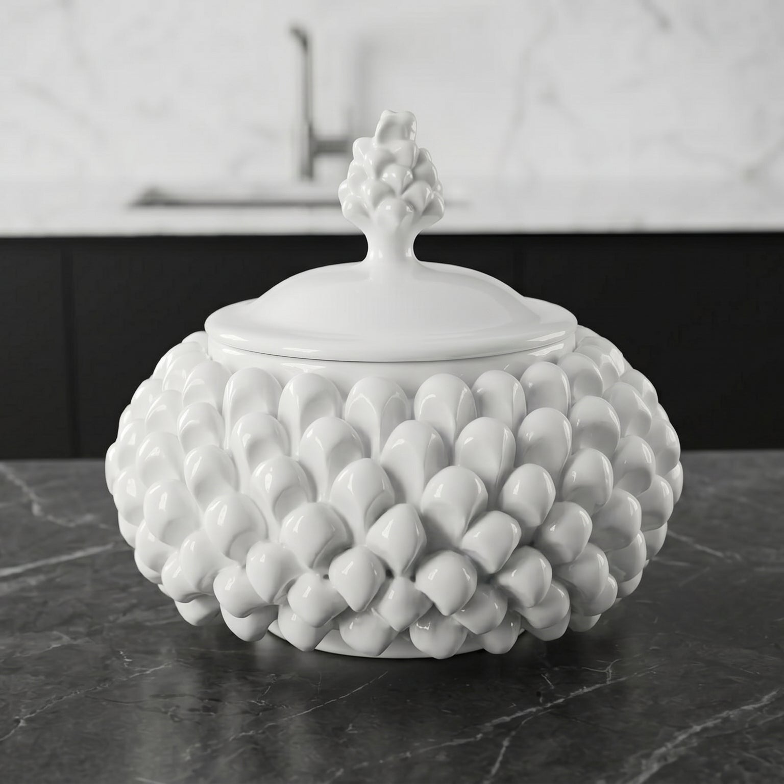 White line pine cone biscuit jar, Ø 20 cm, in Caltagirone ceramic.