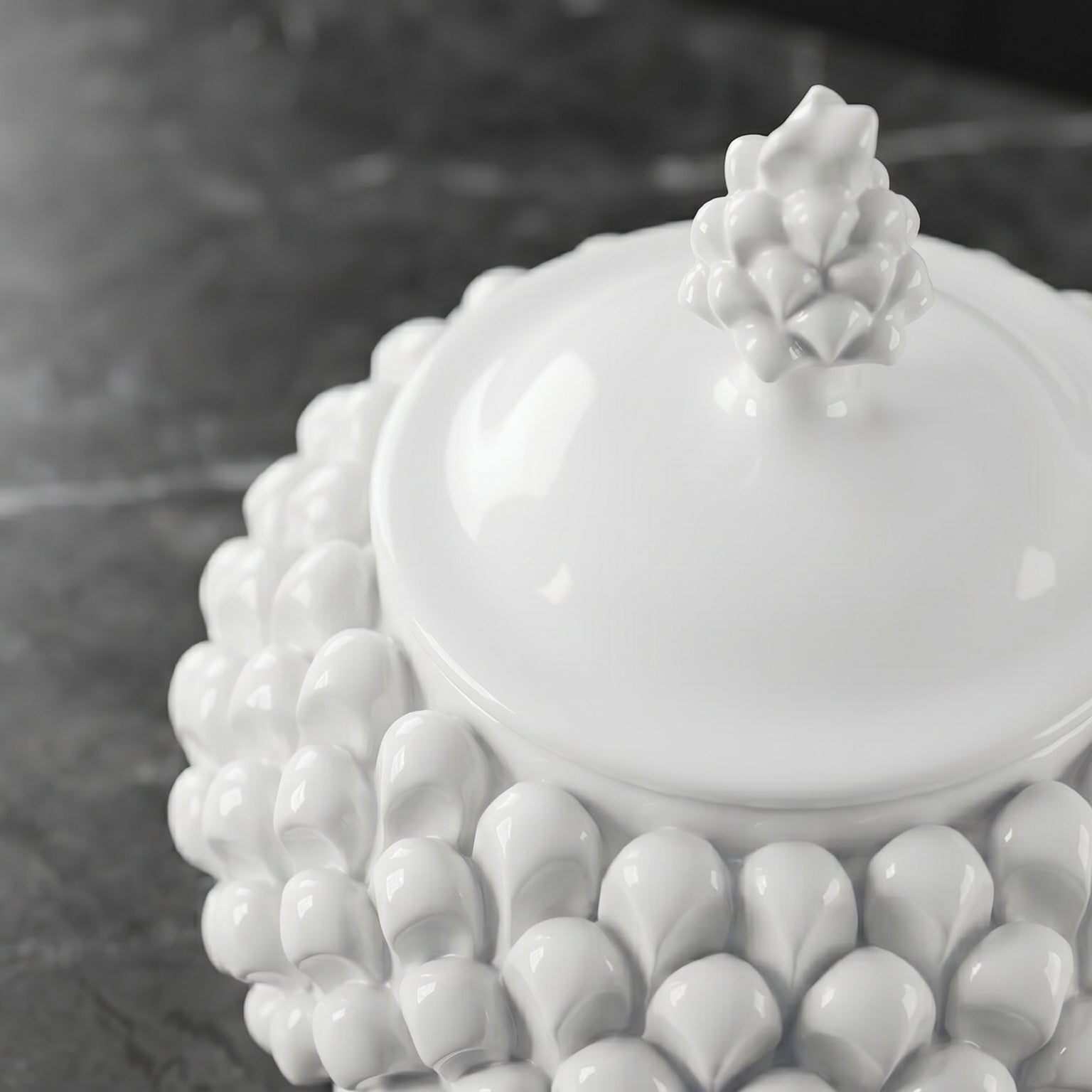 White line pine cone biscuit jar, Ø 20 cm, in Caltagirone ceramic.