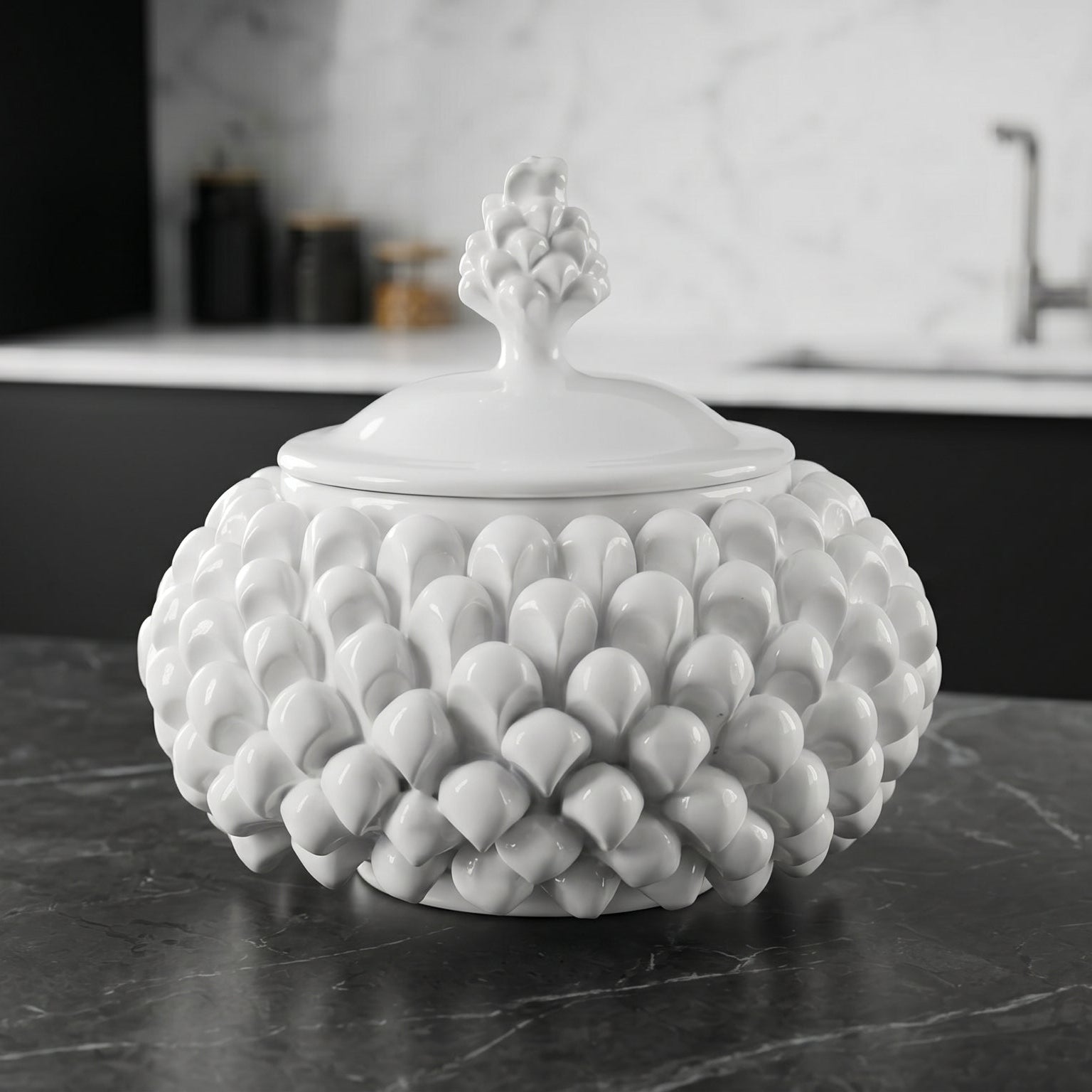 White line pine cone biscuit jar, Ø 20 cm, in Caltagirone ceramic.