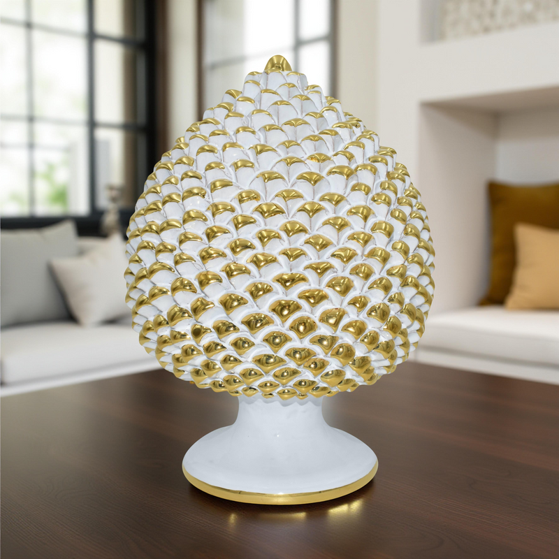 Hand-modeled pinecone from Caltagirone with pure gold, height 30 white gold
