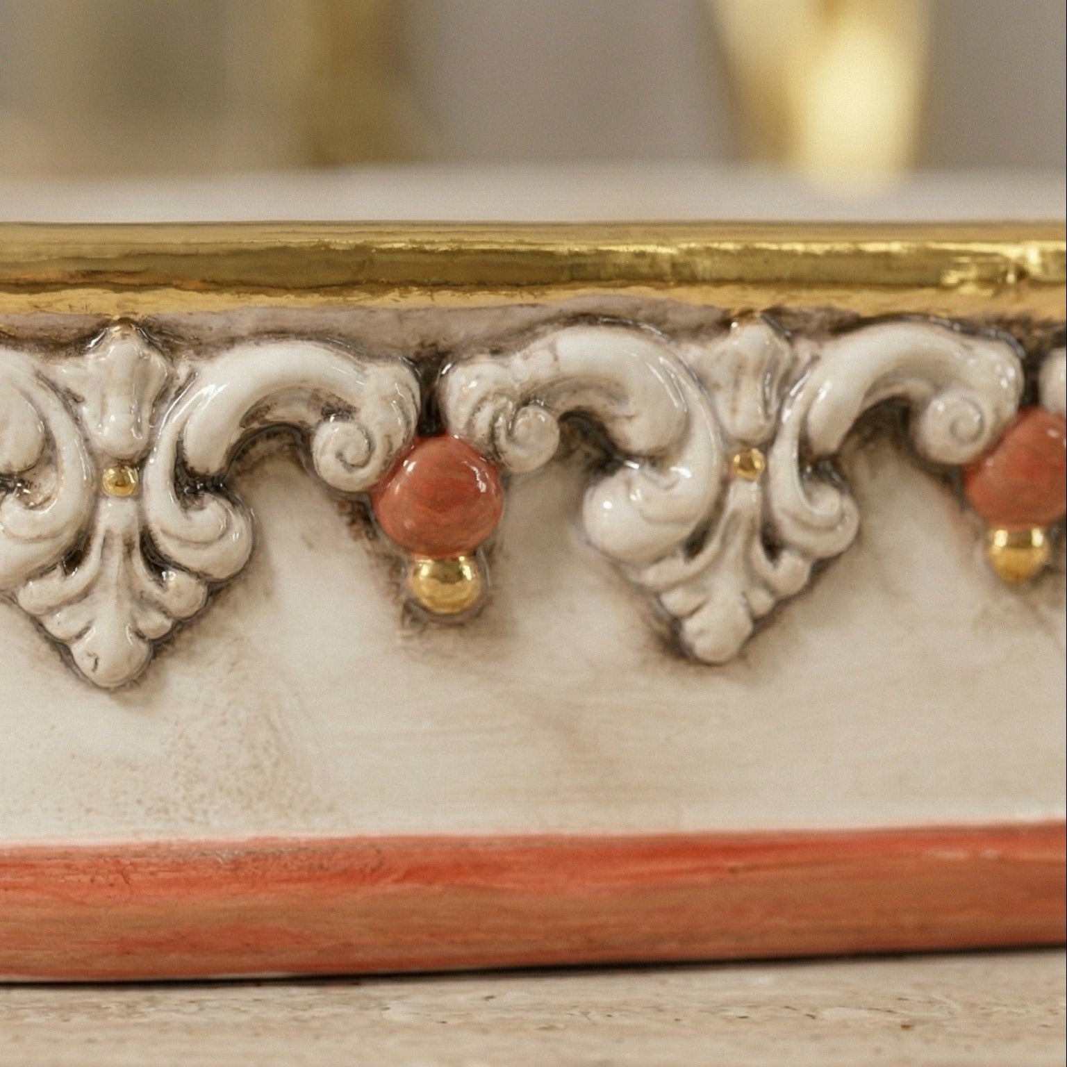 Sicilian Decorative Ceramic Box 35×8 cm / 14×3", Plastico Sofia, Antique Mother of Pearl – Sicilian majolica handcrafted in Caltagirone