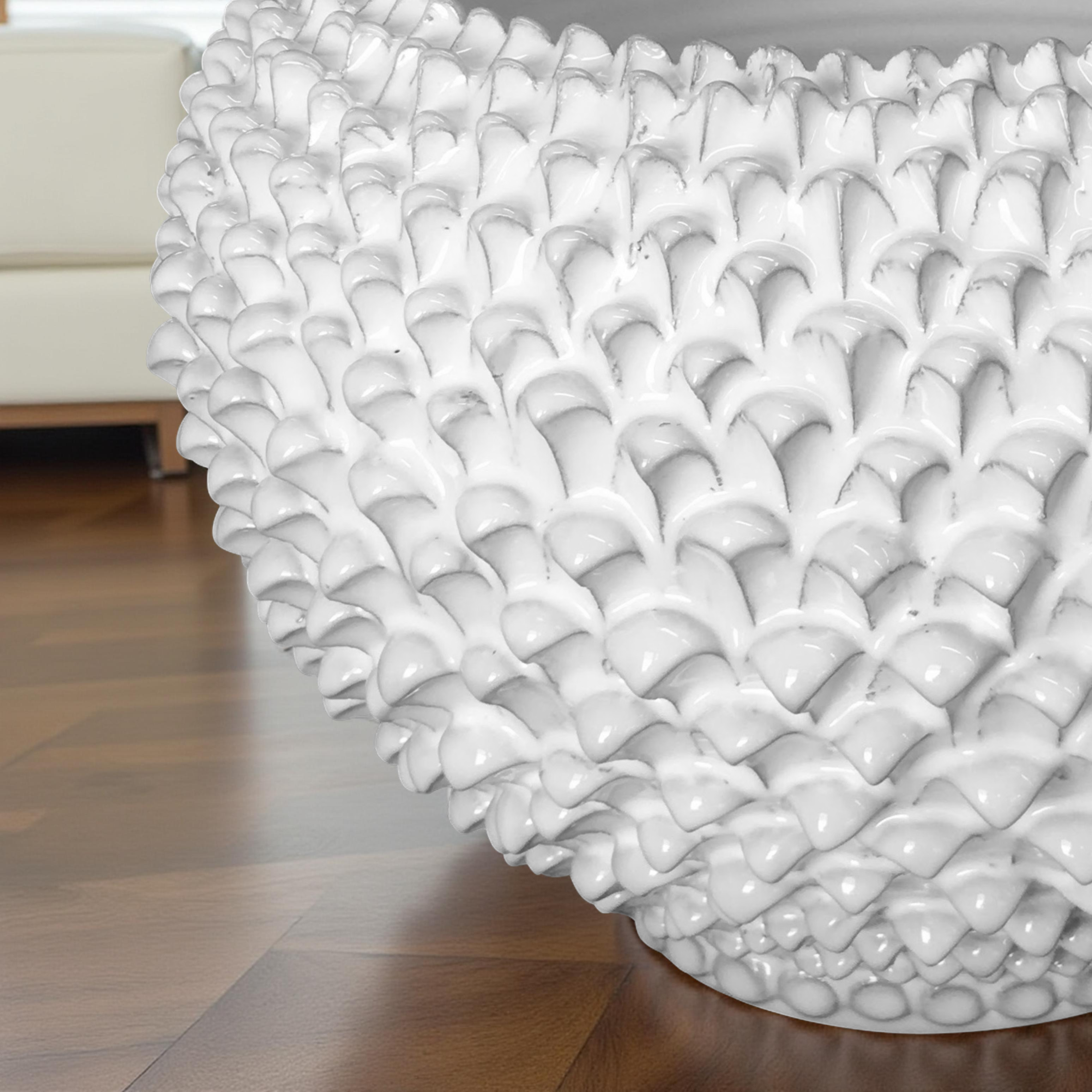 Cachepot a pigna white line in ceramica artigianale di Caltagirone