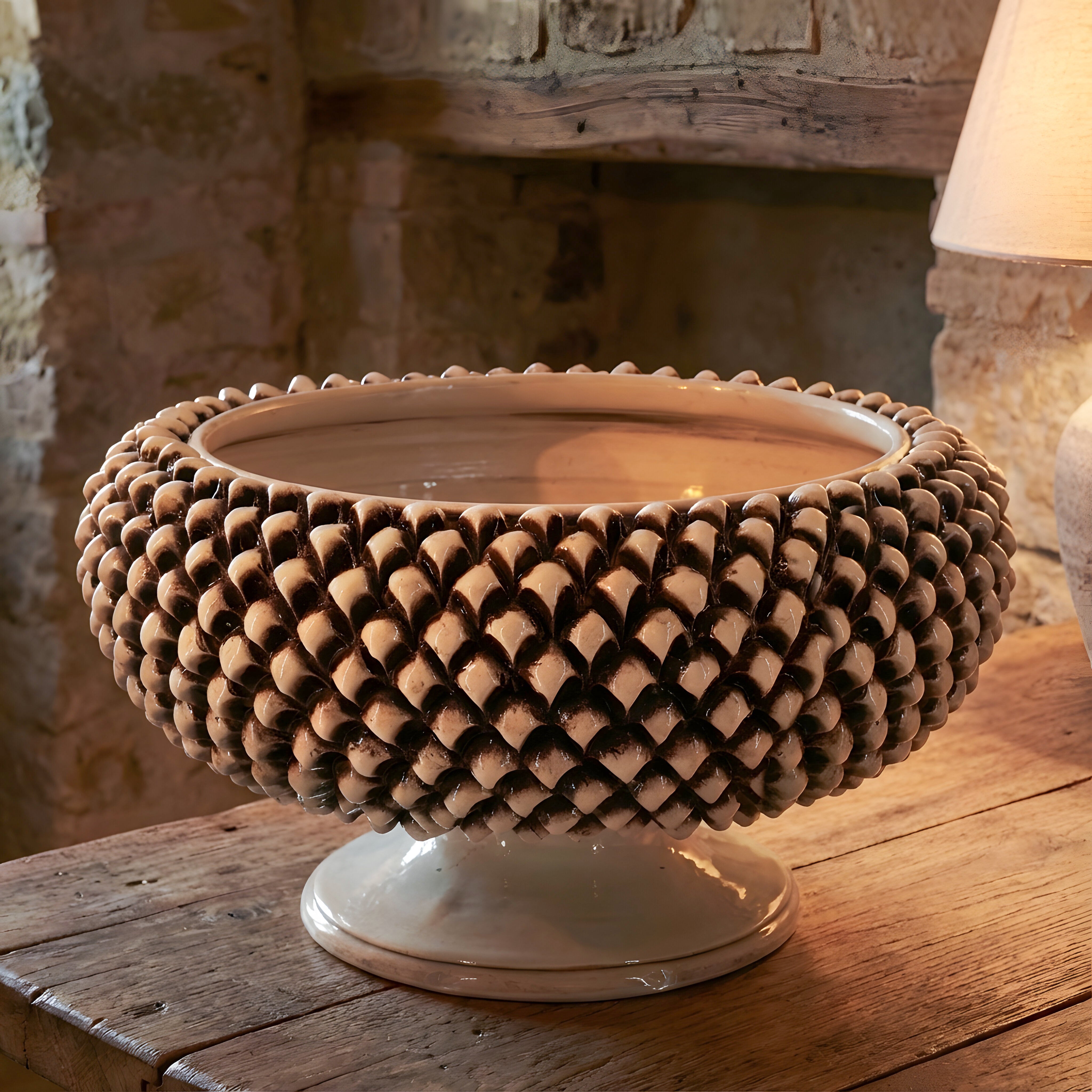 Pine Cone Stand d. 25/33 cm Mother of Pearl Antique Caltagirone Ceramic