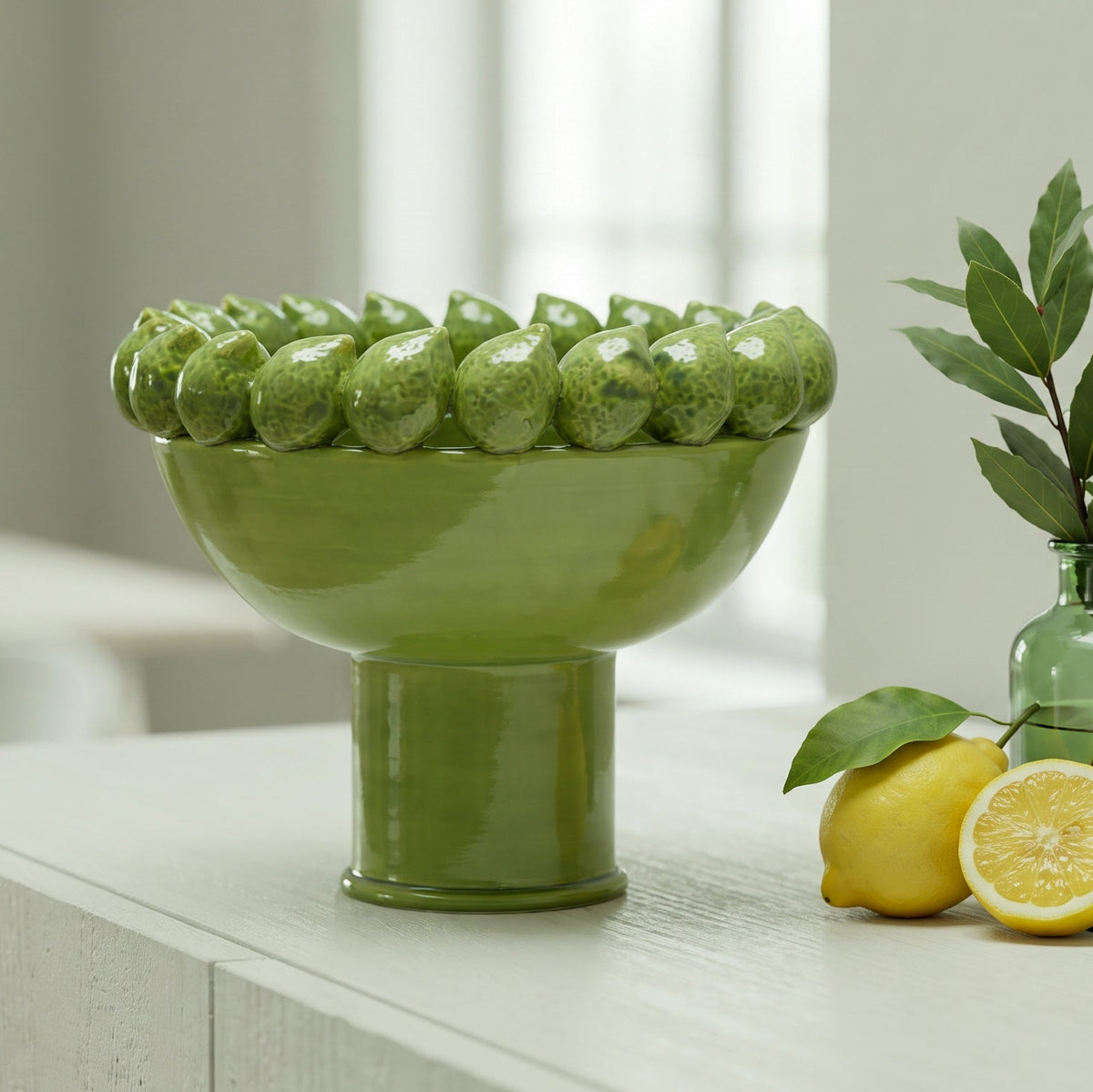 Alzata con Limoni Siciliani  - Verde foglia, Stile Moderno  | Ceramica Caltagirone