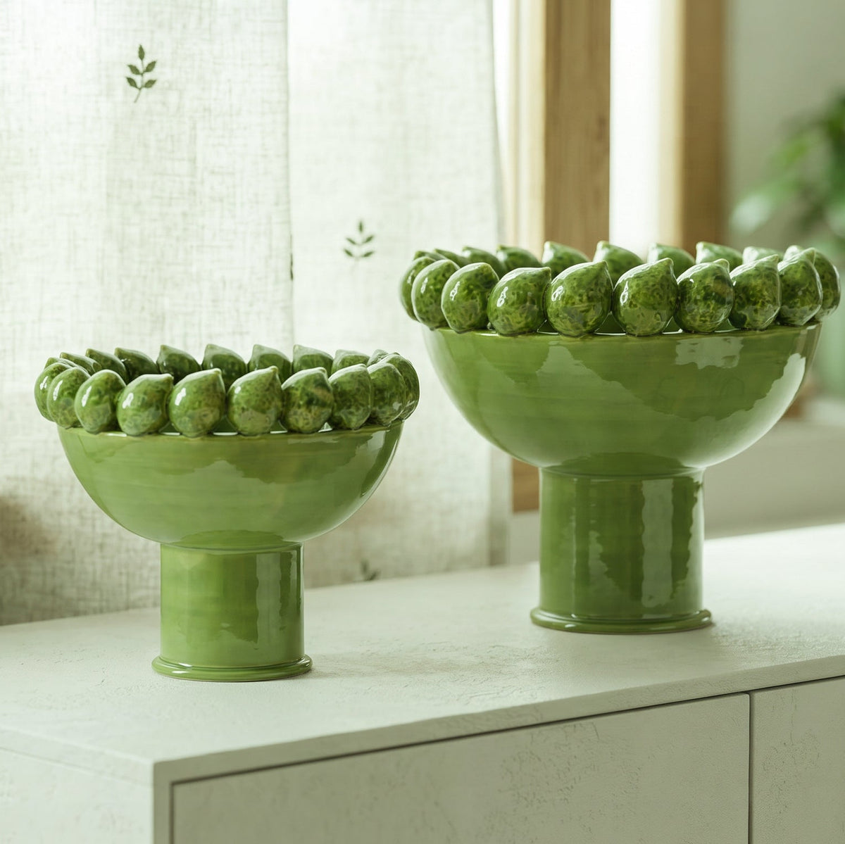 Alzata con Limoni Siciliani  - Verde foglia, Stile Moderno  | Ceramica Caltagirone