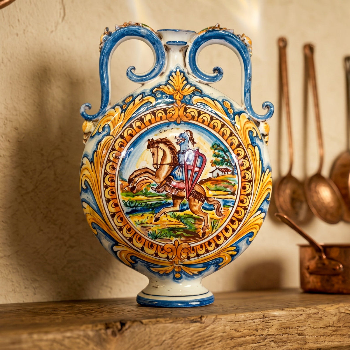 Fiasca en Couronne 23×32 cm, avec Chevalier, Reproductions Anciennes – Céramique Caltagirone – artisanat sicilien